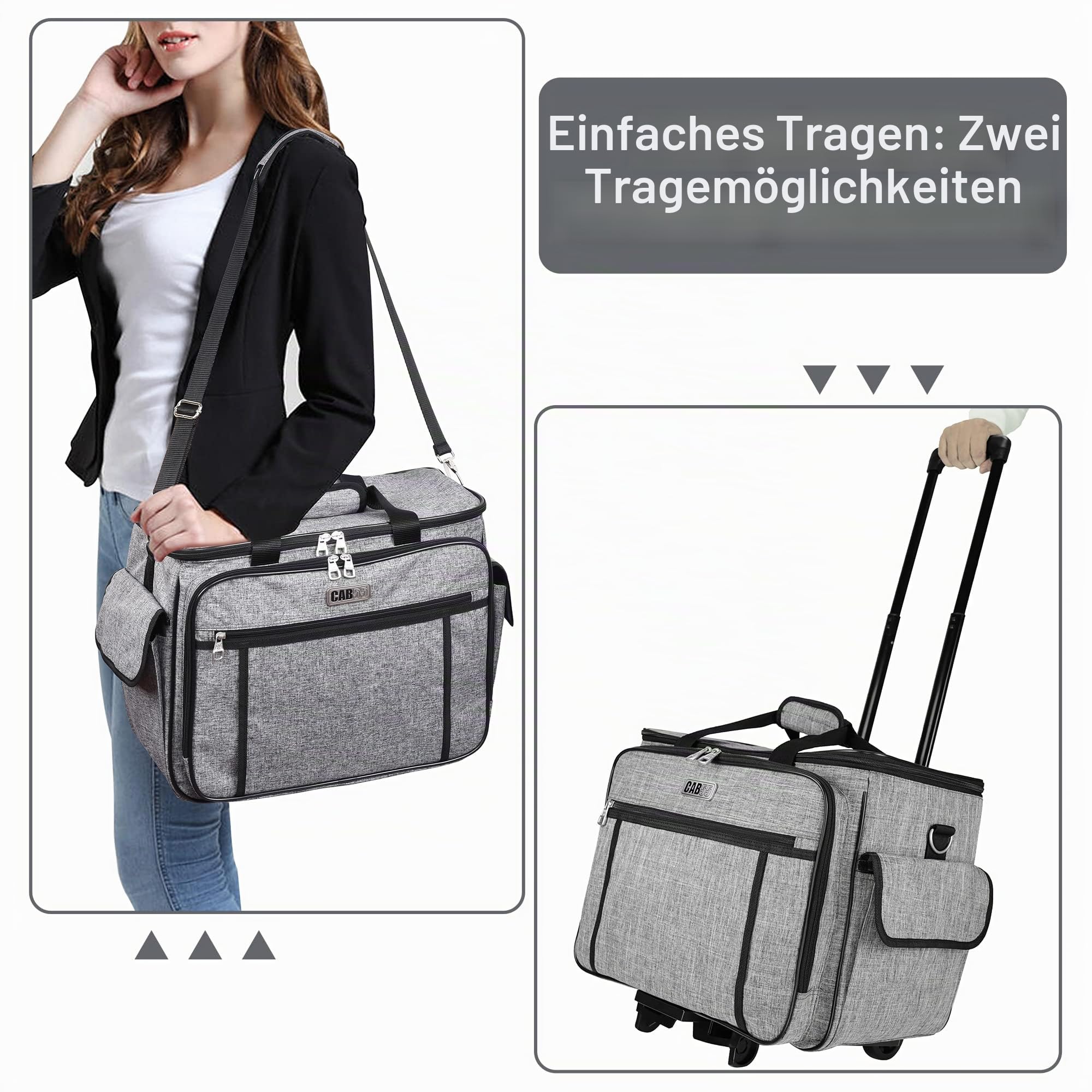 CAB55 Roll-Nähmaschinenkoffer, abnehmbare Roll-Nähmaschinen-Tragetasche auf Rädern, Trolley-Tragetasche mit abnehmbarem Boden, Holzbrett für die meisten Standard-Nähmaschinen und Zubehör