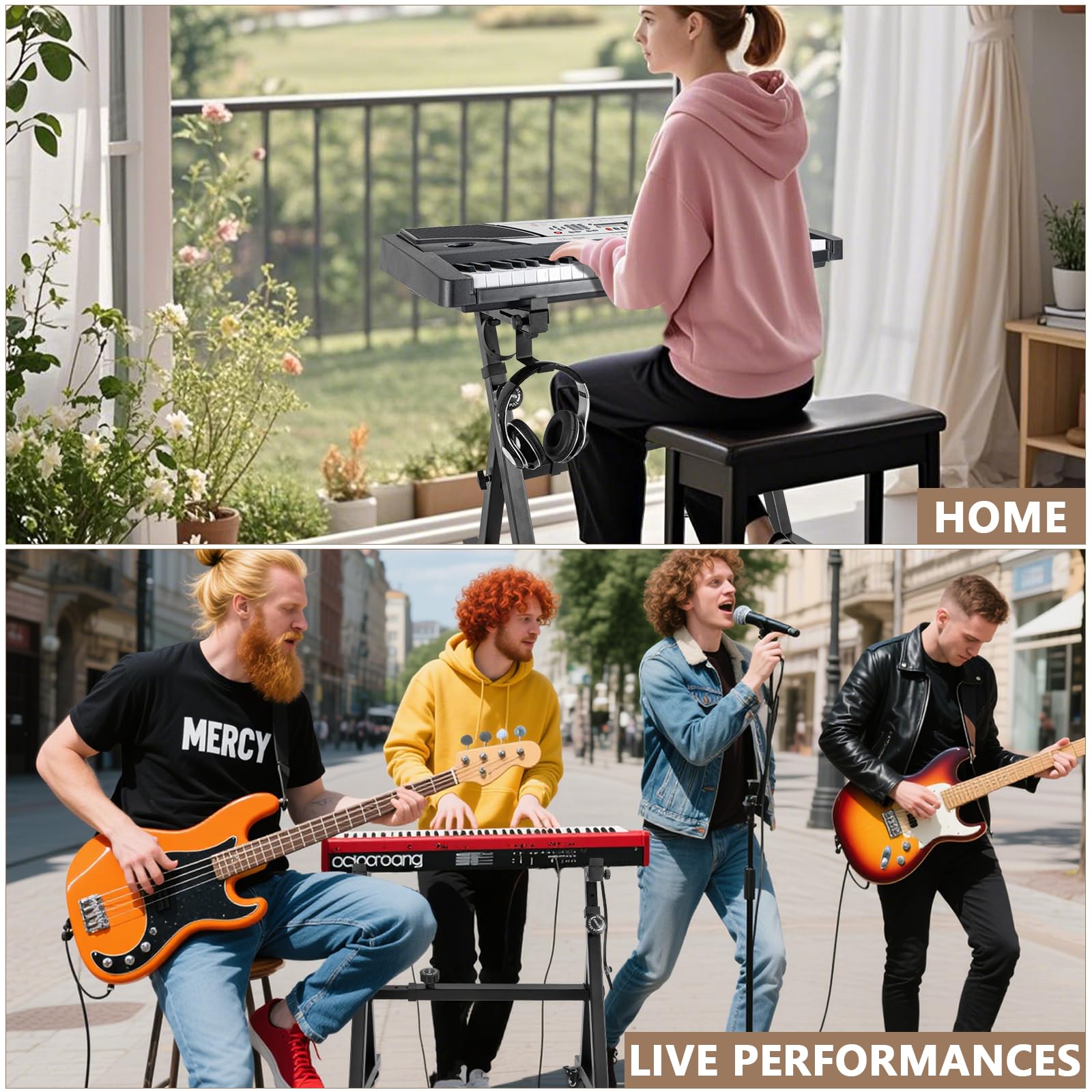 OUUTMEE Soporte de teclado resistente, soporte de piano digital estilo Z, soporte de teclado ajustable en altura y ancho con 4 ruedas, se adapta a pianos eléctricos de 54 a 88 teclas, color negro