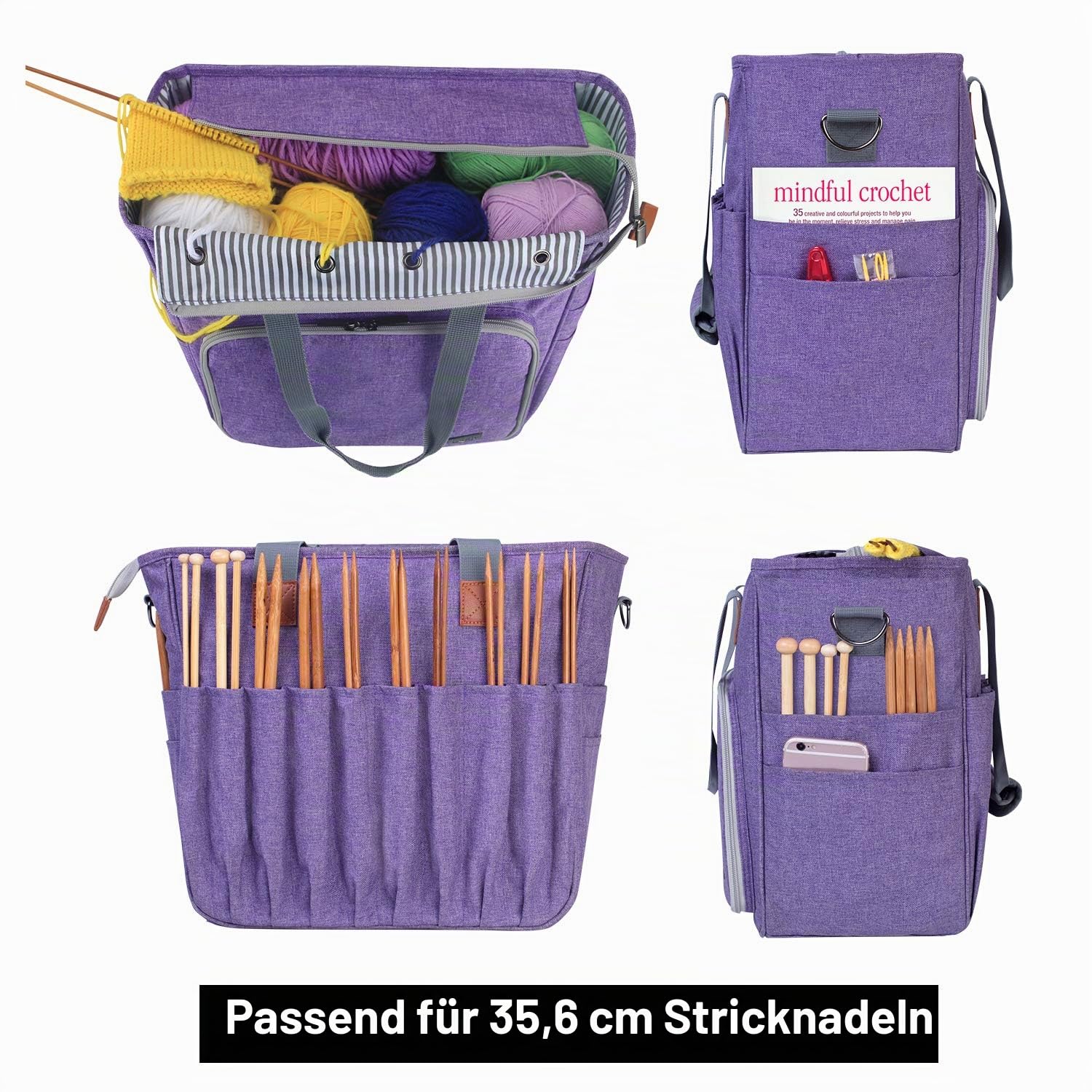 Luxja Stricktasche mit Schultergurt, Garn Tasche, Handarbeitstasche Aufbewahrung für Wolle, Projekte, Stricknadeln, Häkelnadeln und andere Zubehörs, Lila