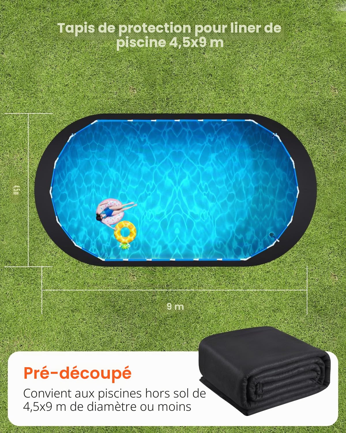 VEVOR Tapis de Sol Piscine, 460 x 917 cm, Tapis sous Piscines Hors Sol Ovale, Sous-couche en Géotextile Extra-épais, Installation Facile, Découpe Simple, Protection pour Éviter Perforations des Objets