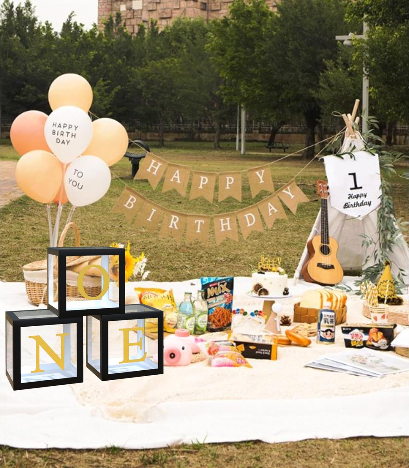 bunldapoog One Balloon Boxes for Party Decorations 3 Pcs First Birthday Balloon with ONE Letter Box for Baby Clear Cube Block Photoshoot Props Cake Smash Backdrop (Black 1)