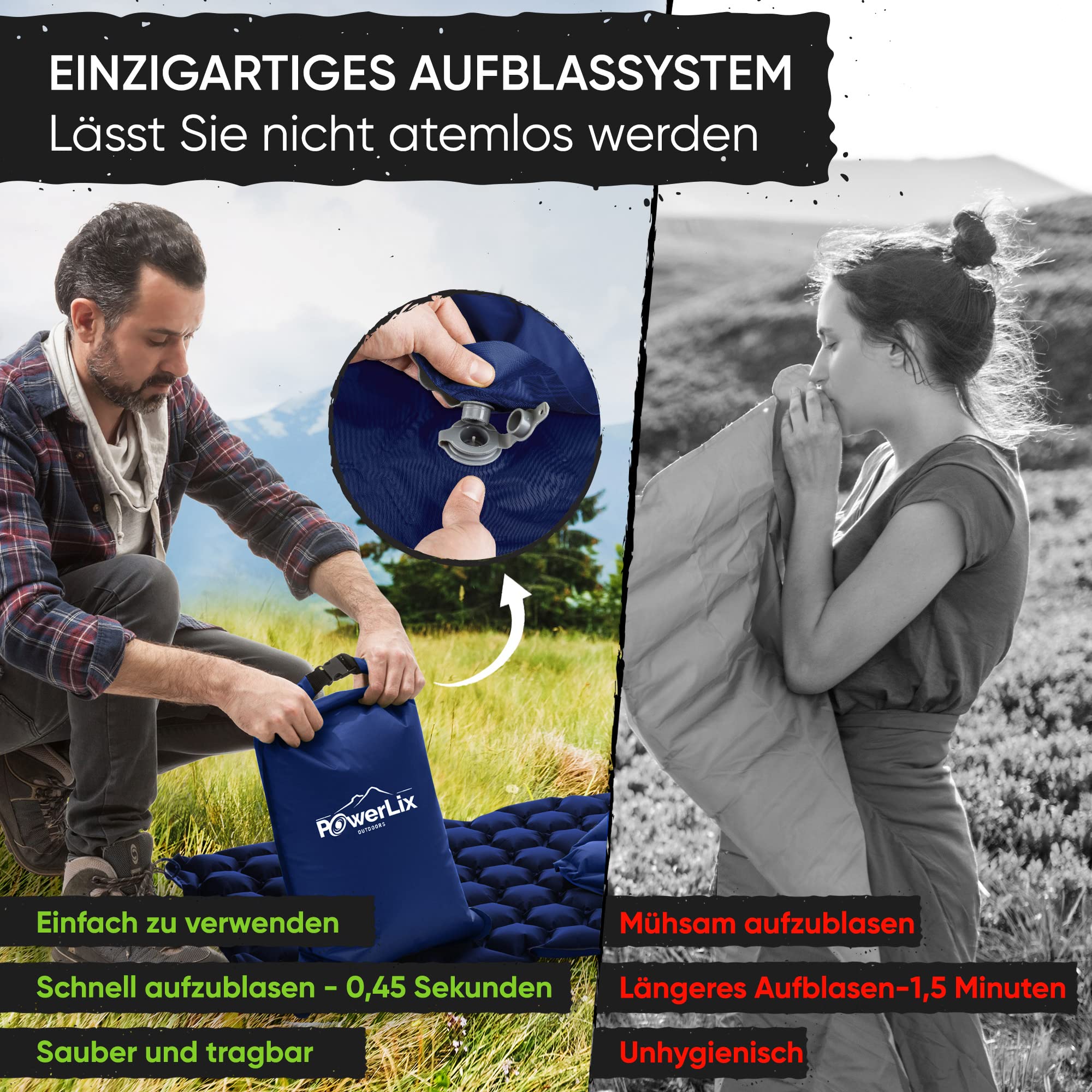POWERLIX Camping Outdoor Luftmatratze - Ultraleichte Aufblasbare Isomatte, kompakte und leichte für Outdoor, Camping,Rucksackreisen, Wandern - Aufblassack, Tragetasche, Reparaturset