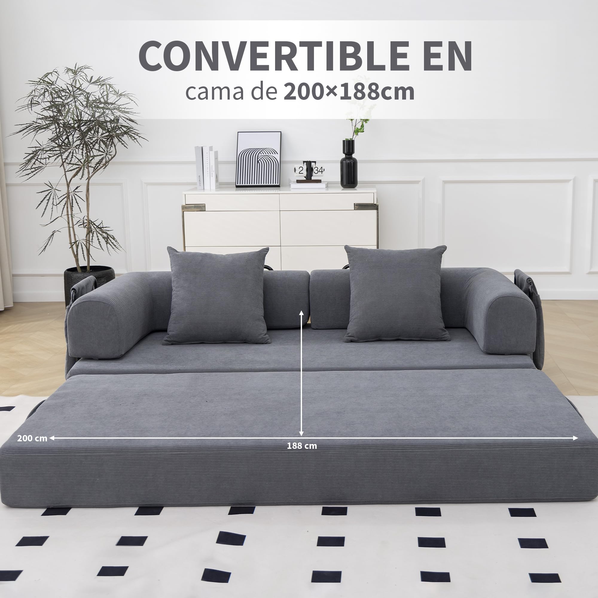Lynna Sofa Cama 3 plazas sin Montaje – Sofa Modular autoexpandible Convertible en Cama Doble Grande, cómodo y versátil para Salones Modernos y Pisos pequeños, 200x94x70 cm (Gris Oscuro)