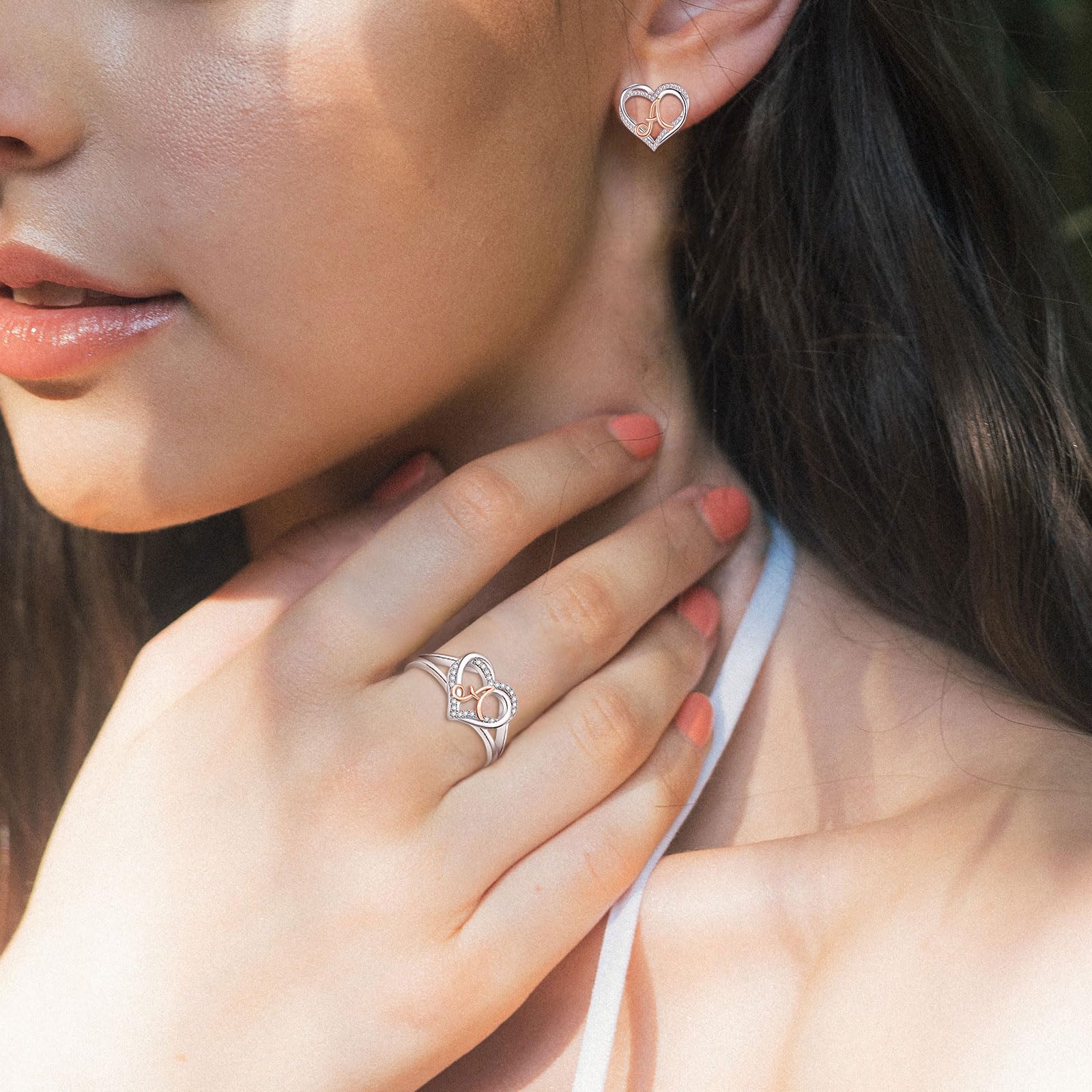 INFUSEU Anillo Iniciales, Plata de Ley 925 Anillos Abiertos Letras Forma Corazón Nombre Inicial Alfabeto A-Z Joyería Personalizada Ajustable Regalos para Mujeres Damas Niñas