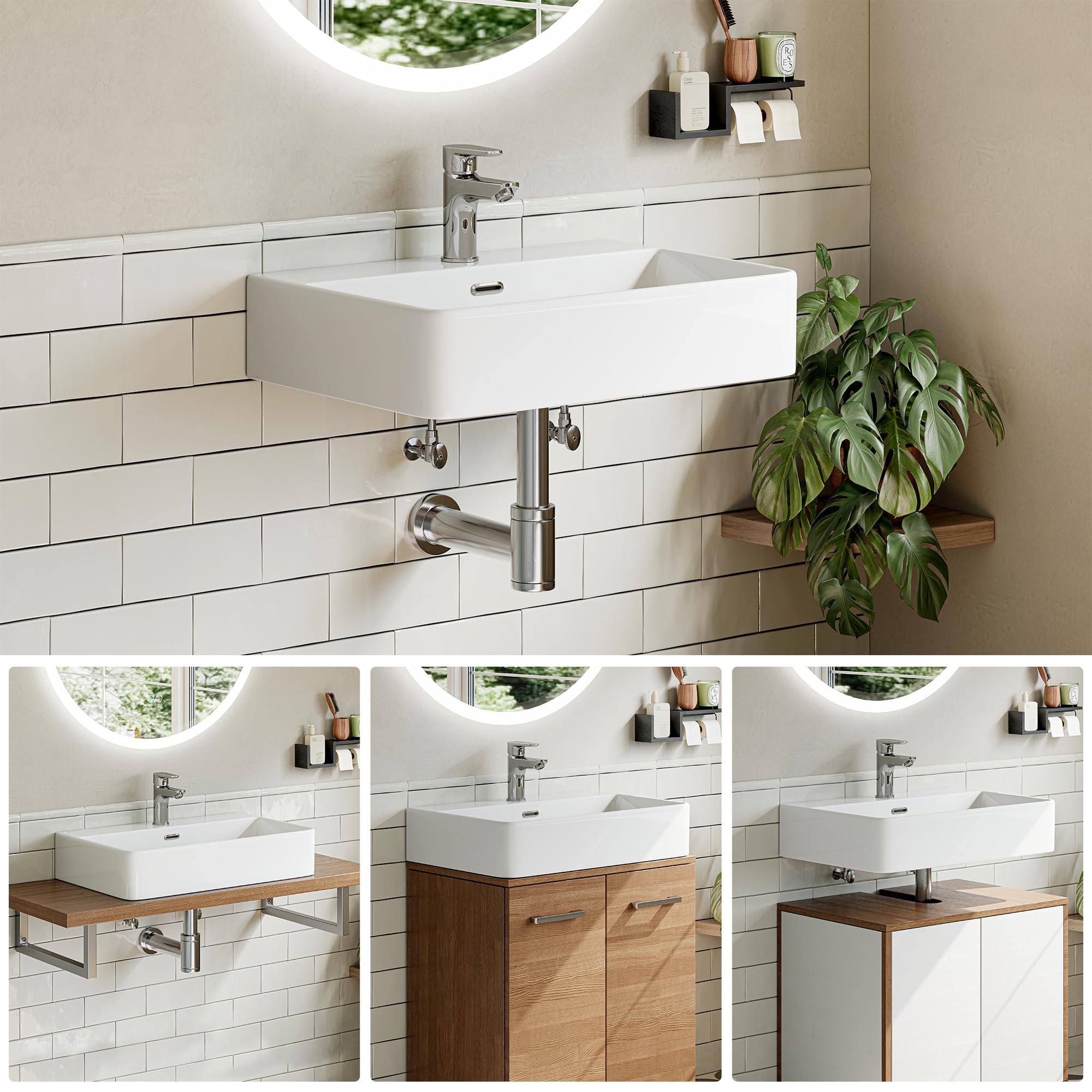 HOROW Lavabo da Appoggio 60 cm Lavandino Bagno Rettangolare Sospeso Moderno, Lavabo Bagno in ceramica con Un Foro per Rubinetto e Troppopieno