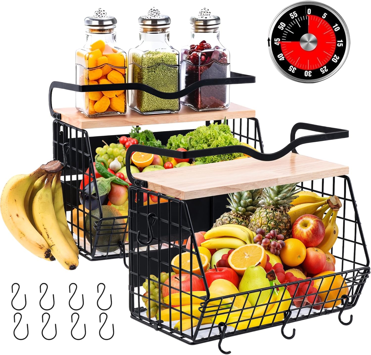 2 Set magnetic refrigerator shelf with Wood Lid, Fruit and vegetable snack storage box,magnetic fridge basket, Large Container magnetic shelf for refrigerator, Kitchen Counter, Cabinet