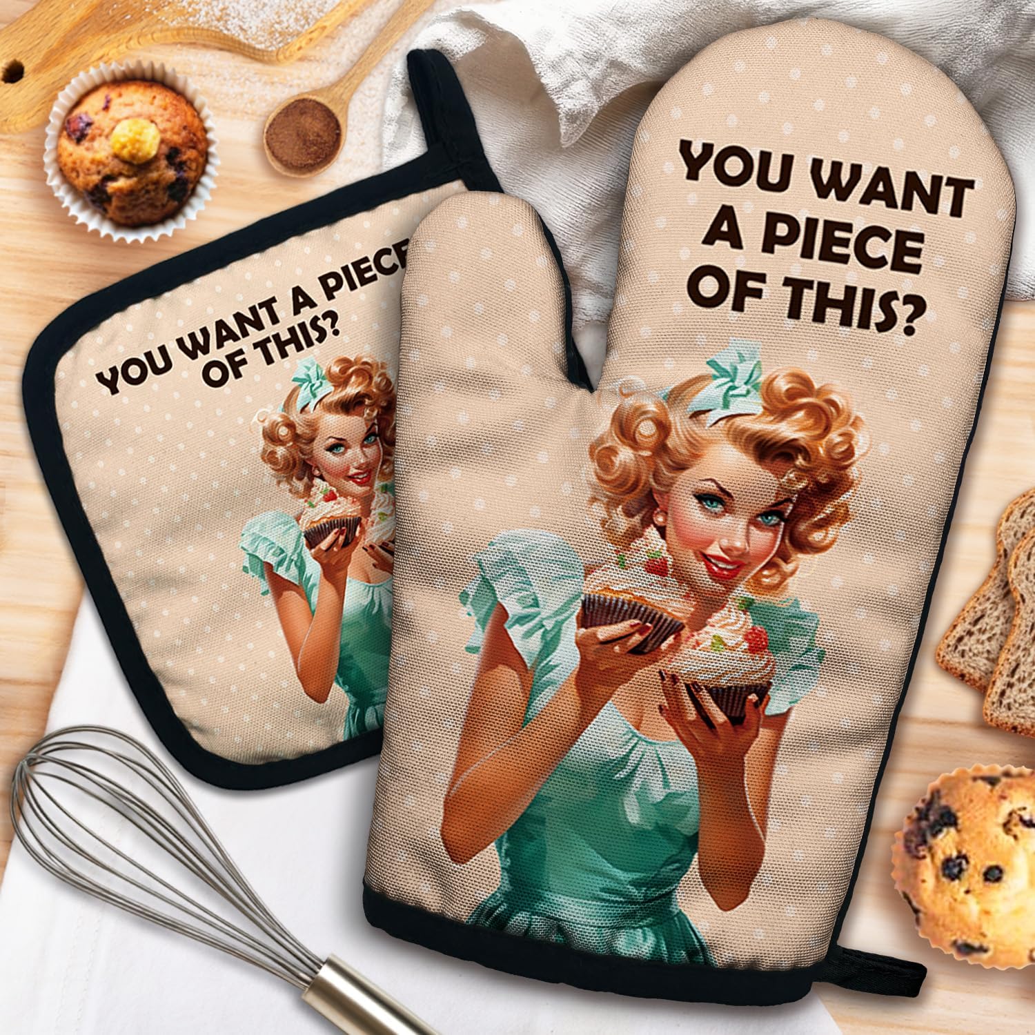 ZHANTUONE You Want a Piece of This Funny Heat Resistant Oven Mitts and Pot Holders Set with Silicone Non-Slip, Vintage Lady Cooking Baking Gadgets, Gifts for Bake Lover Hostess Mom Wife BFF