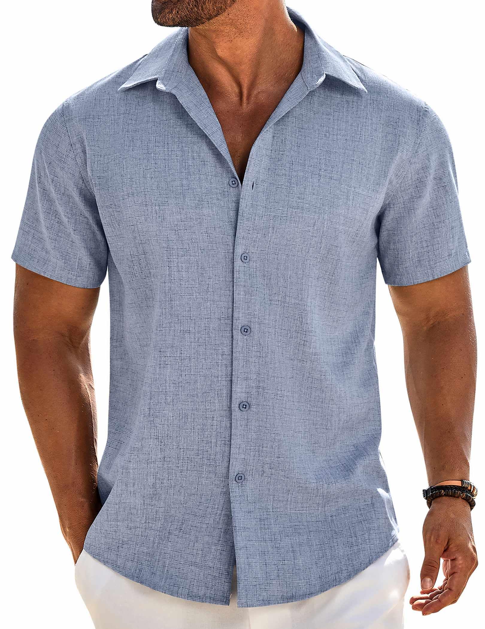 COOFANDY Men's Linen Shirts Short Sleeve Button Down Shirt Casual Beach Summer Shirts Wedding Vacation Shirt