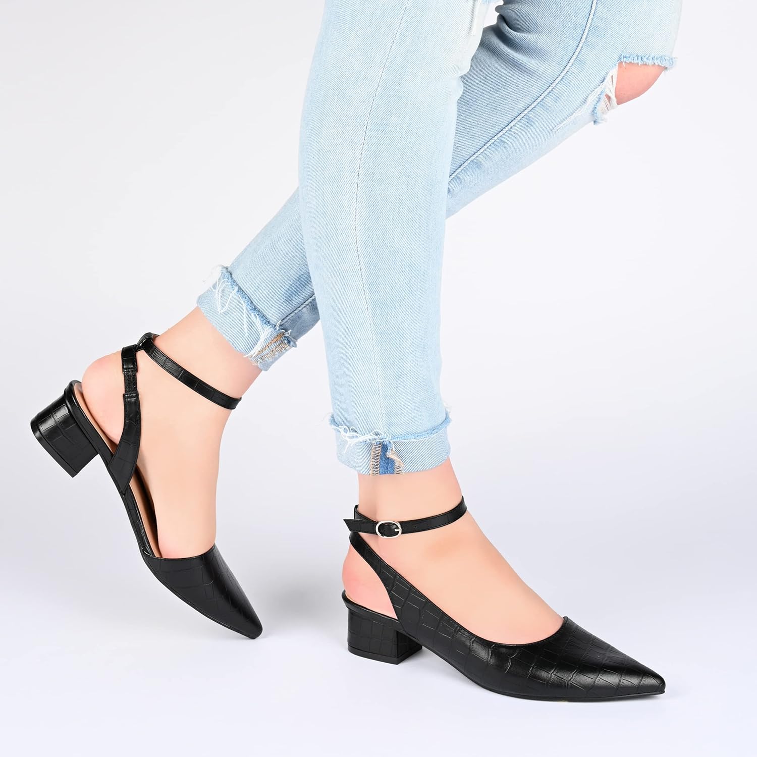 Journee Pointed Toe Low Chunky Block Heel D'Orsay Buckle Ankle Strap Pump for Women - Keefa Dress Shoes
