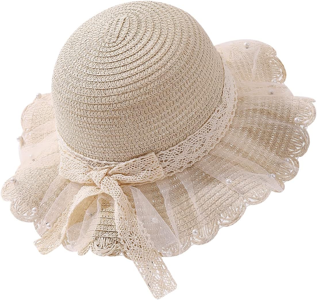 Toddler Girls Straw Beach Hat, 2‑5Y Kids Wide Brim UV Protection Foldable Wave Ruffled Summer Sun Hat