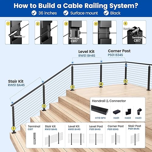 Miniatura 5 de Muzata Pasamanos de cable de acero inoxidable cuadrado postes con soporte extraíble para madera hormigón nivel cubierta escalera kit de ajuste de