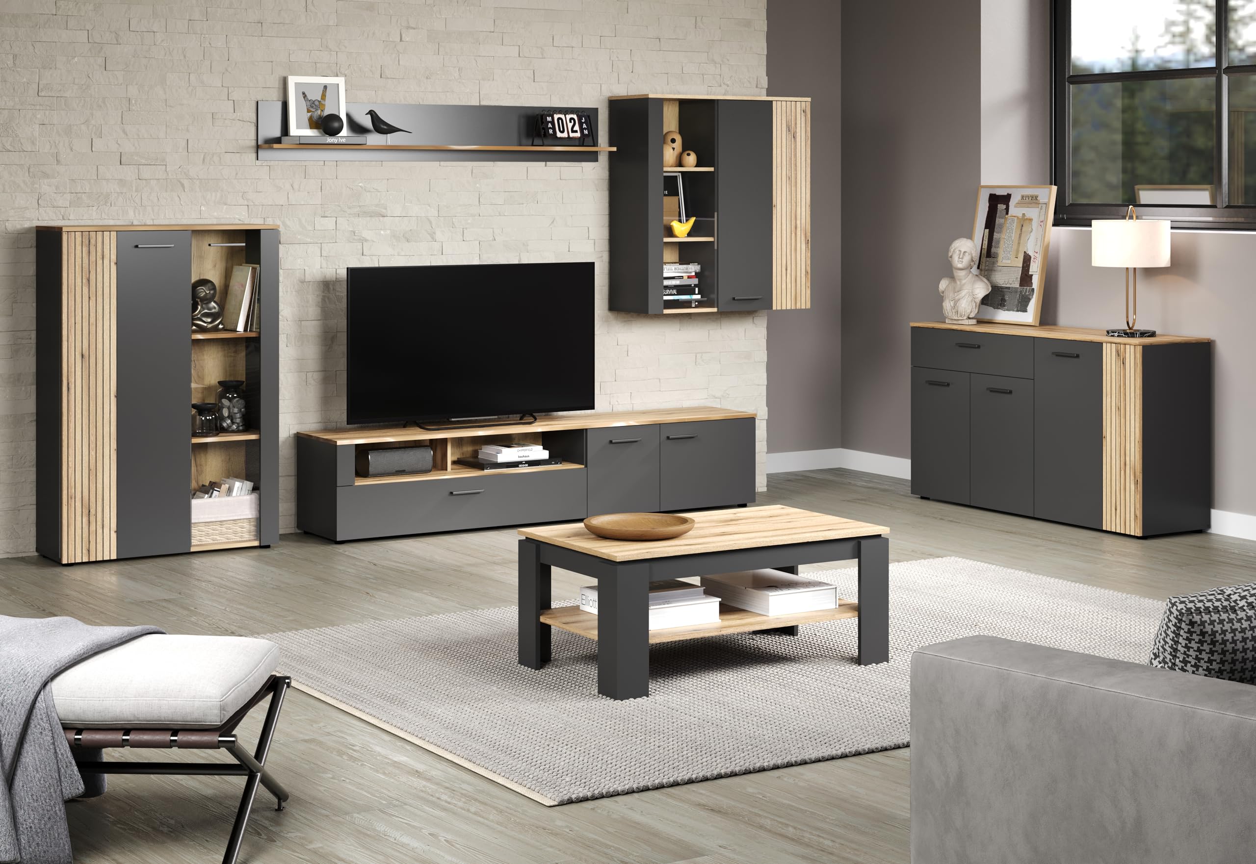 trendteam smart living - Esteban - TV-Schrank - Anthrazit/Evoke Eiche - (BxHxT) 210 x 43 x 41 cm - eleganter Fernsehschrank mit schwarzen Griffen - kratzfest