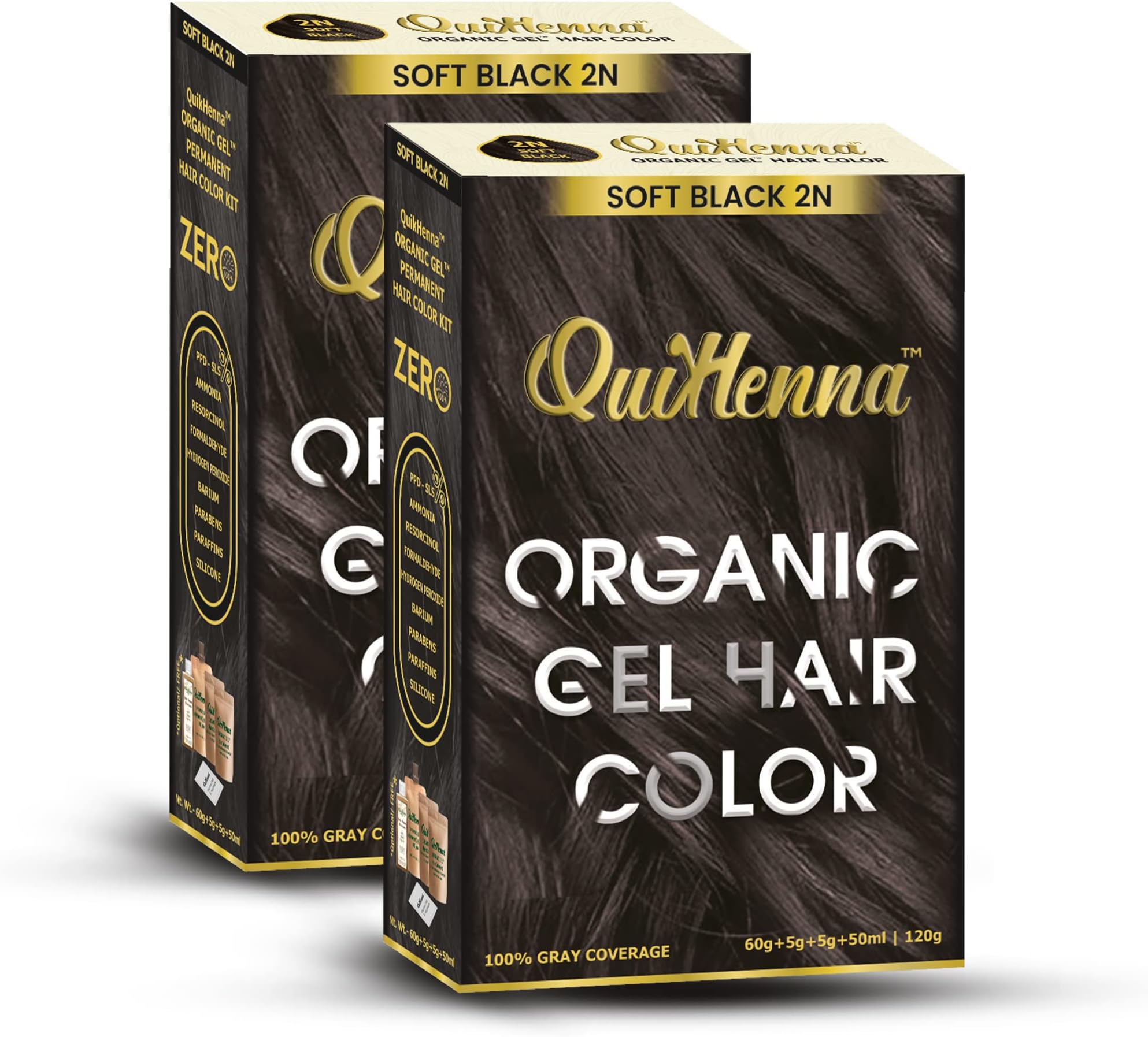 Organic Hair Colour Gel 2N Soft Black - PPD & Ammonia Free Permanent Natural Hair Color, 100% Grey Coverage, Long Lasting Gel Colour for Men & Women, 120gm (Pack of 2)