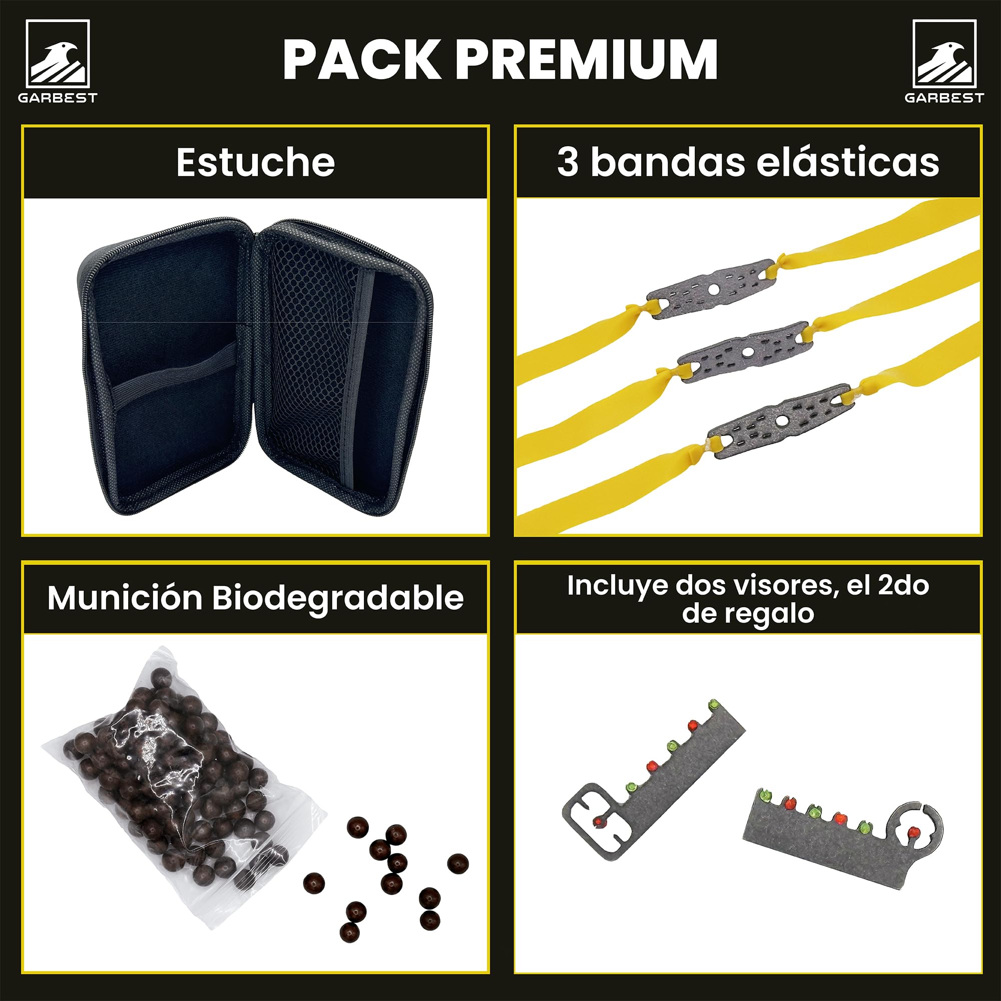 Genérico GARBEST - Tirachinas Clásico de Acero | Tirachinas con Estuche, 100 Gramos Munición Arcilla Biodegradable y Gomas de Repuesto | Pack Regalo