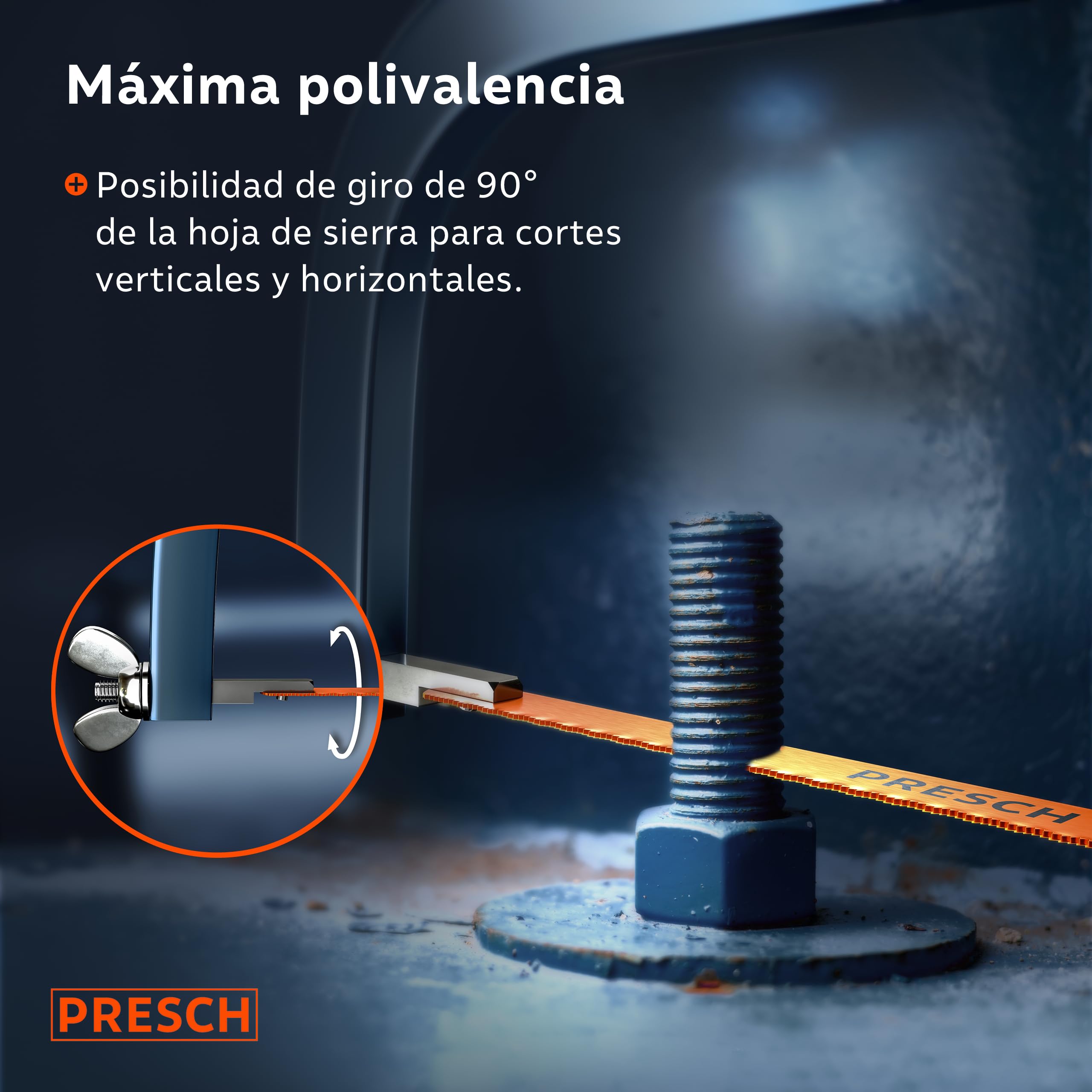 Presch Sierra de metal 300mm - Con hoja BI-metal para un corte preciso - Rotación de 90° de la hoja de sierra para cortes horizontales y verticales - Cambio rápido de las hojas