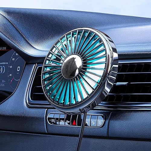 Ventilador USB de ventilación de coche para rejillas de ventilación montado con luz colorida, ventiladores de clip giratorios de 360 que soplan aire