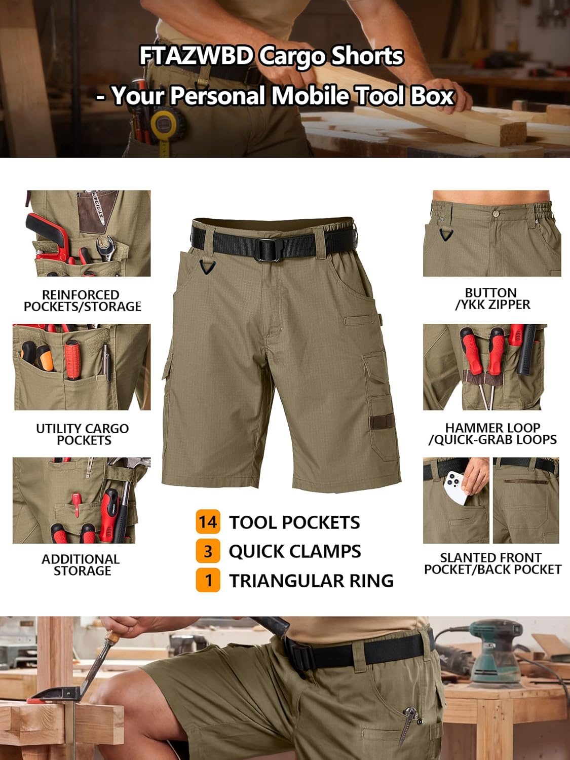 Men's Cargo Work Shorts Water Resistant Ripstop Tactical Tool Shorts for Outdoor Hiking Fishing with 14 Pockets(No Belt) - Image 4