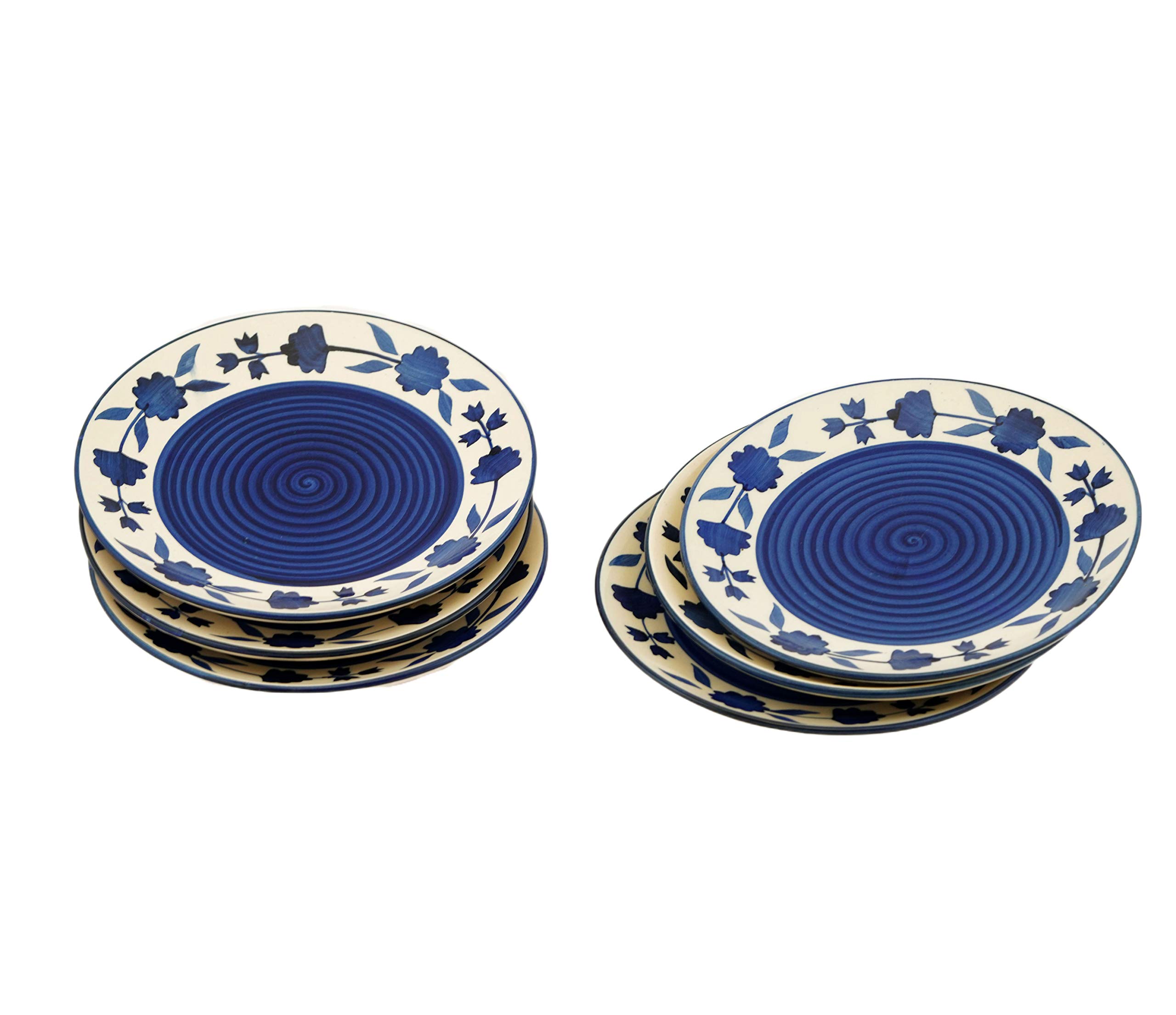 Freakway Hand Glazed Floral Pattern Ceramic Quarter/Small Plates 7 Inch | Set of 6 | Microwave & Dishwasher Safe - Blue