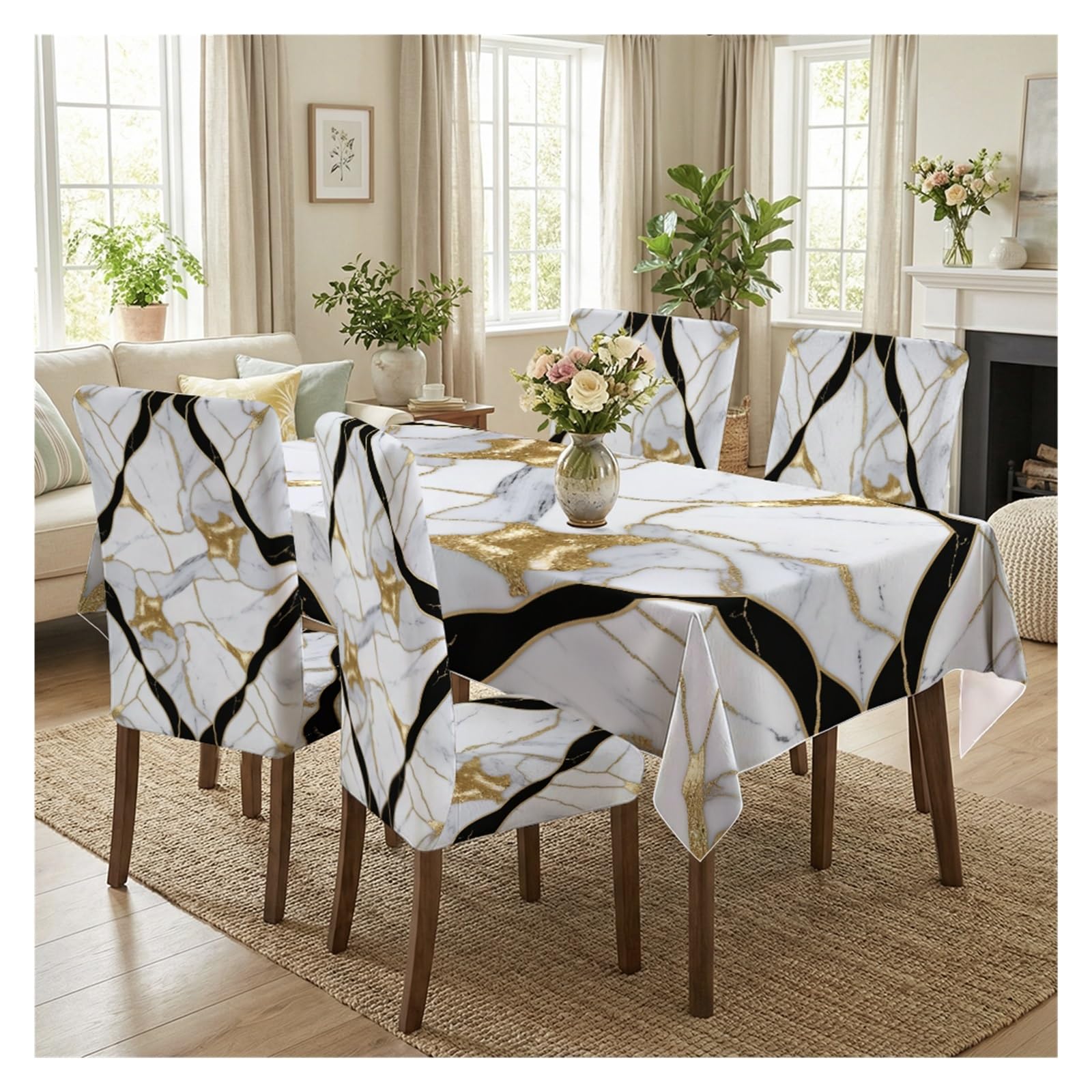 KXUAUV Marble Print Tablecloth & Chair Covers Set, Slipcovers For Dining Room, Kitchen, Modern & Elegant Decor, 5/7 Pack Party Decor(5pcs Set: Tablecloth+Chair Covers)