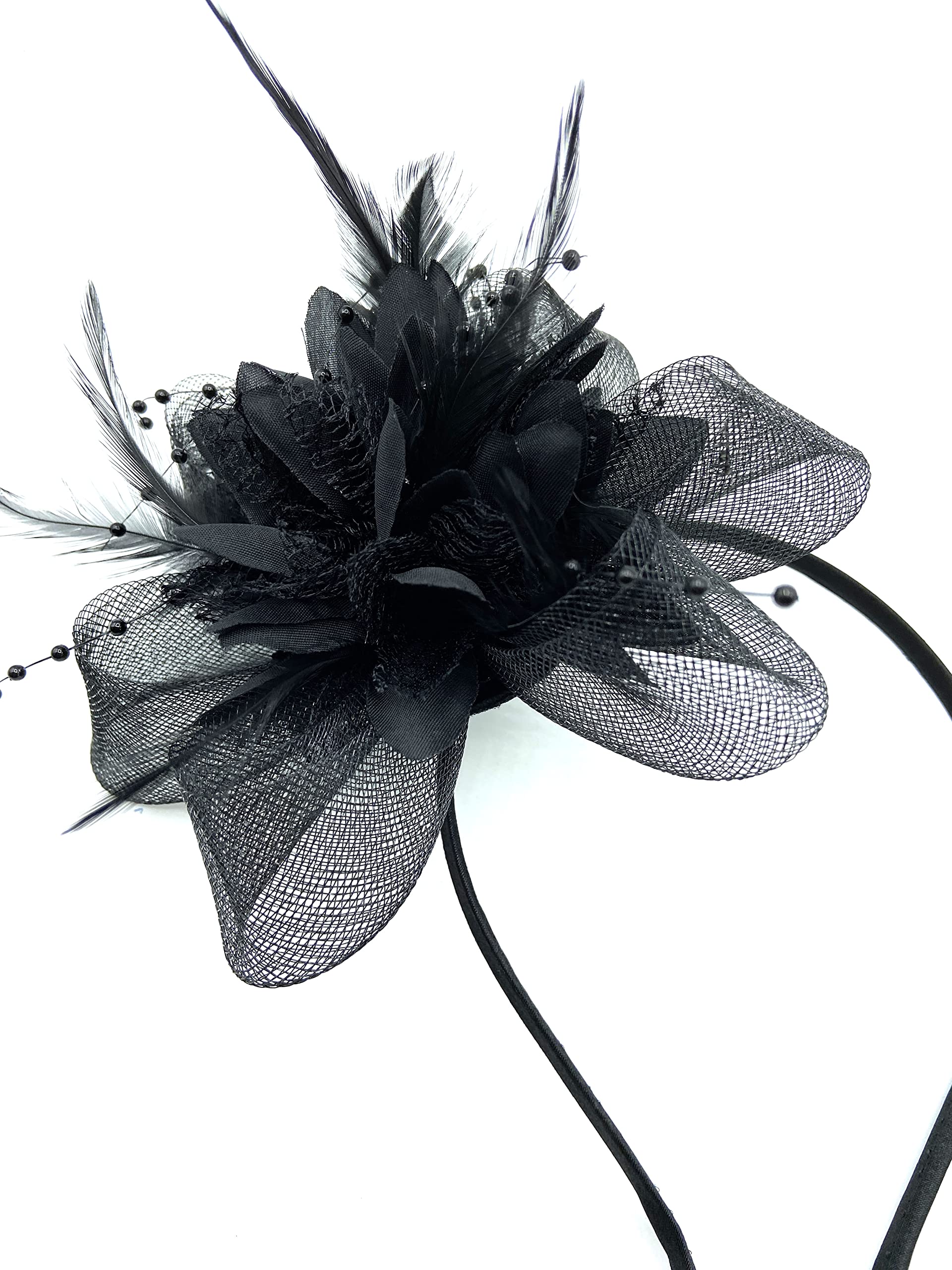Ladies Beaded Feather Fascinator Clip/Headband Weddings, Races, Royal Ascot (Black) - Image 2