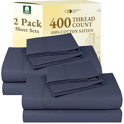 2-Pack Sheet Sets Queen Size - 400 Thread Count 100% Cotton Sateen - Extra Soft, Breathable & Cooling Sheets, Wrinkle Resistant, 2 Sets of Deep Pocket Bed Sheets - Indigo Dusty Blue