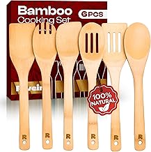 Riveira Bamboo Cooking Spoons 6-Piece Wooden Cooking Utensils Set with Wooden Spoons for Cooking & Spatulas Wooden Utensil Sets Premium Kitchen Utensils Set Durable First Apartment Essentials