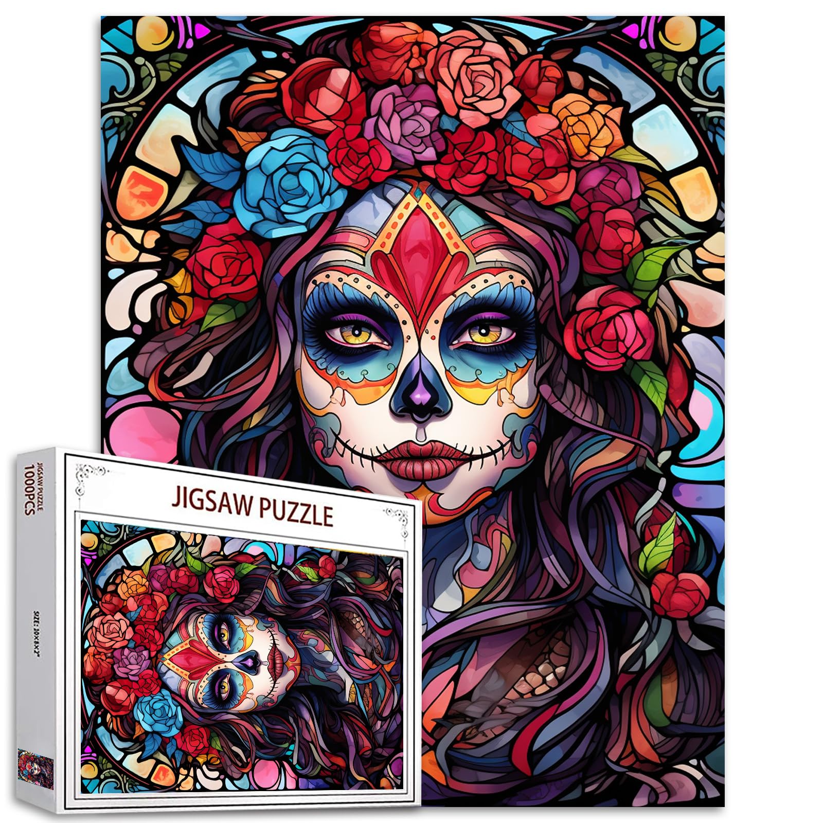 Sugar Skull Girl Jigsaw Puzzles 1000 Pieces for Adults,Families(Skull,Skeleton Women,Flowers,Rose) Pieces Fit Together Perfectly 19.7''x27.6''inch Day