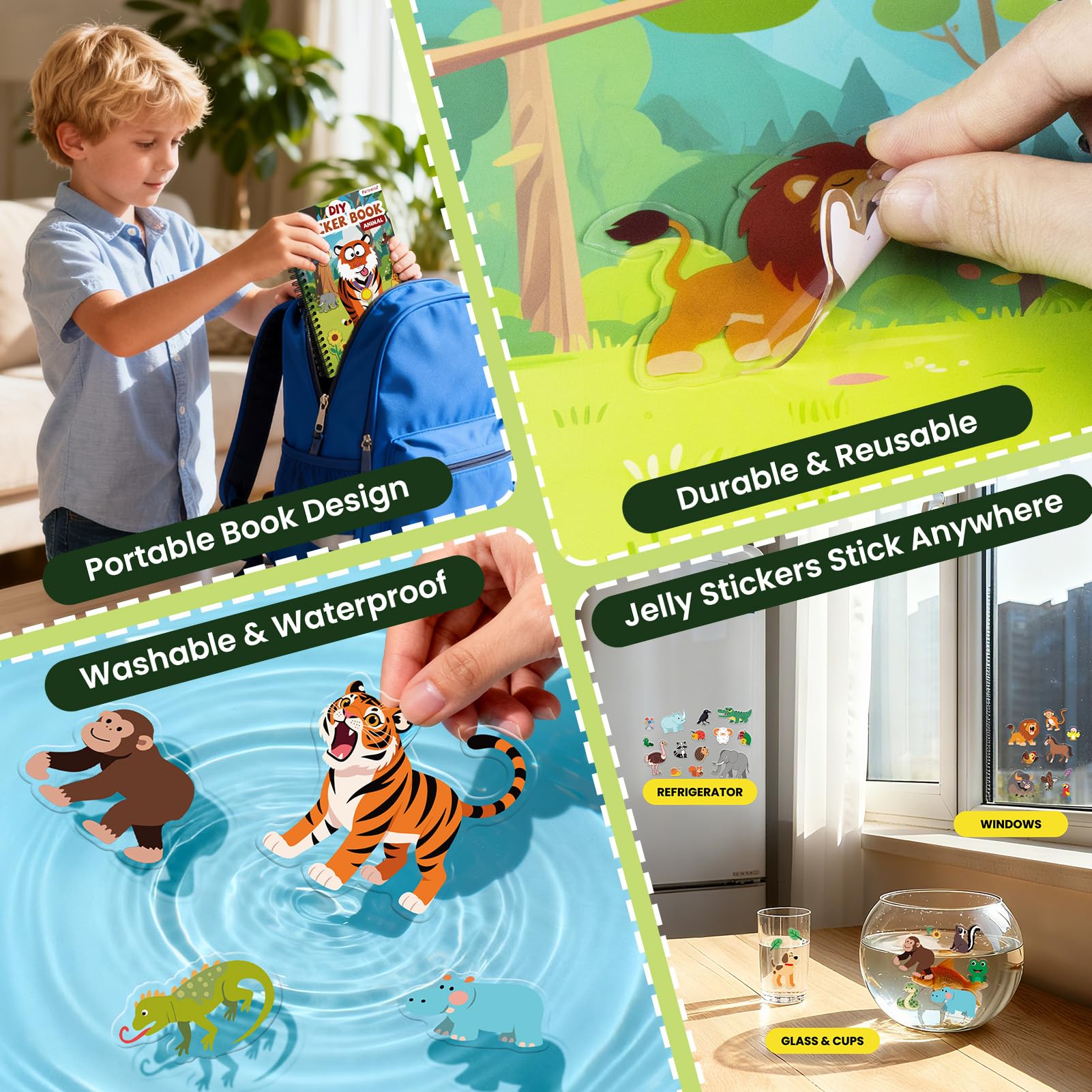 Libro de calcomanías reutilizable de animales para niños pequeños, calcomanías de gelatina divertidas para hacer una cara, calcomanías lavables y hinchadas para niños, juguetes para niños, viajes en