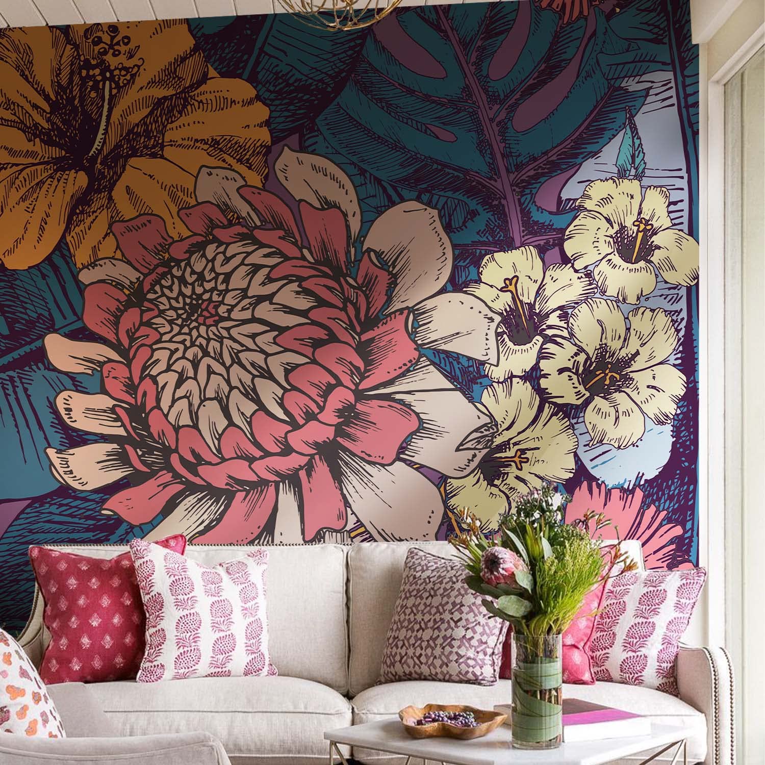 Peel and Stick Floral Wall Mural, Leather Textured Vinyl Self-Adhesive Wallpaper for Bedroom Living Room Accent Wall Decor, Vintage Flat Floral,Dark