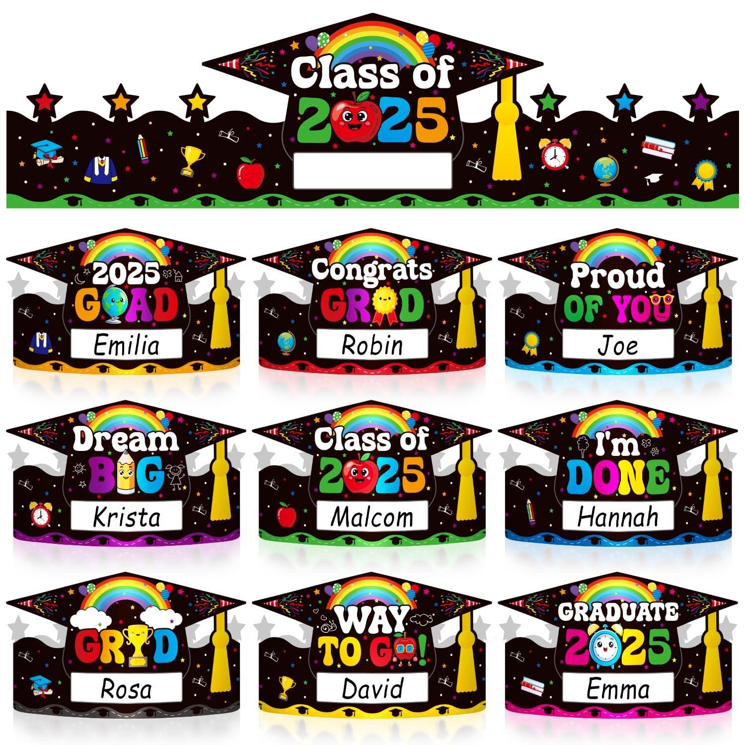 Biswiter 27 Pcs Kindergarten Graduation Cap, Kindergarten Graduation Decorations, Adjustable Class of 2025 Preschool Graduation Hats, Personalized DIY Variety Graduation Cap