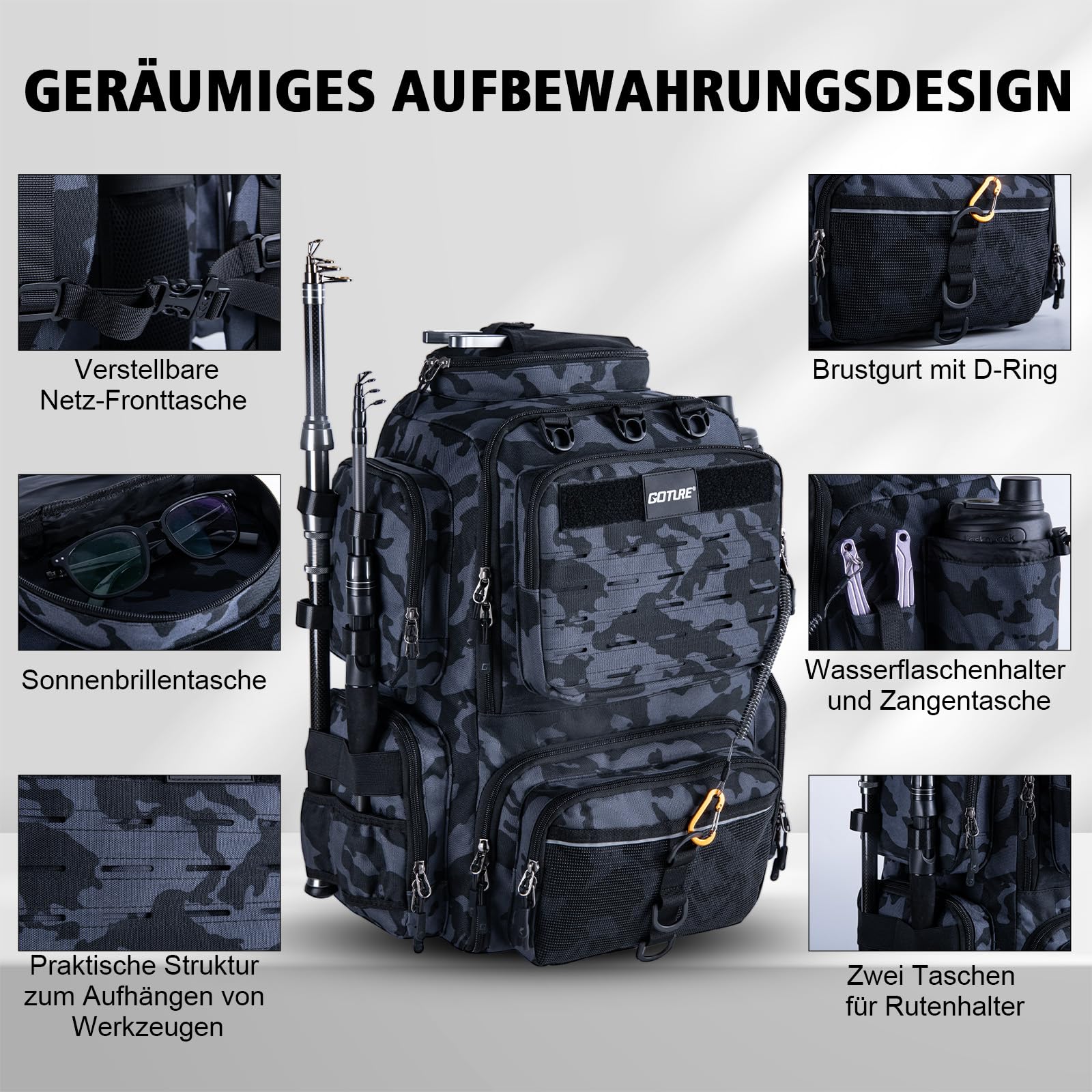 Goture Mochila de pesca con 4 cajas de cebo de pesca, mochila de 45 litros con dos soportes para cañas y protector de lluvia, tela Oxford 900D, bolsa impermeable para aparejos de pesca con