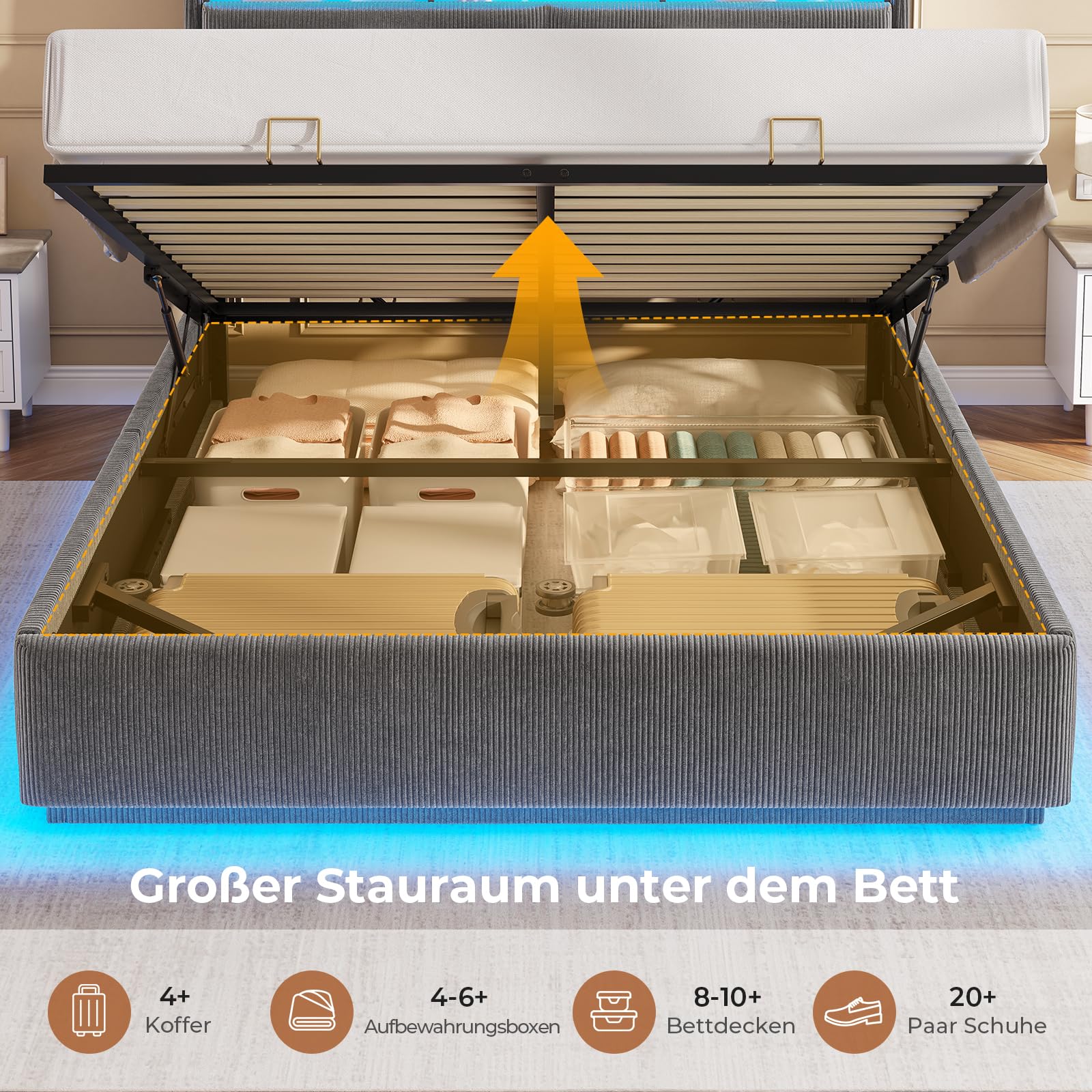 Hydraulisches Stauraumbett mit LED Beleuchtung und Steckdosen,Polsterbett mit Stauraum Kopfteil Jugendbett Betten mit HolzLattenrost & USB-Ladefunktion,Ohne Matratze (Dunkelgrau Cord, 140x200cm)