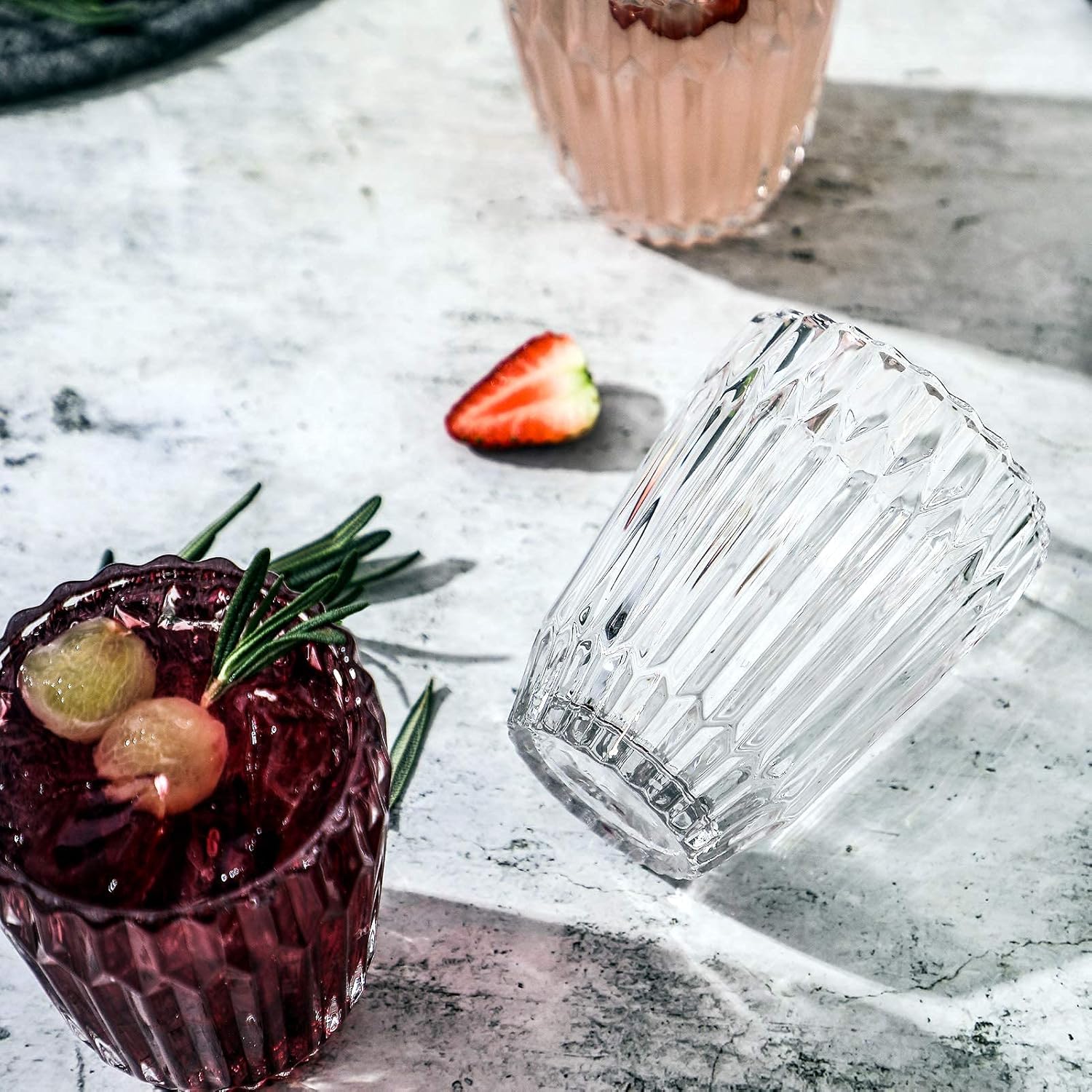 Everest Global Orogami Juice Glasses 9.3 oz. set of 6 from 1500 C Tabletop Stripe Cup Old Fashion Tumbler Antique European Style woman Drinking Water Glassware Whiskey Iced-tea Beverage Milk Soda Coke for Home