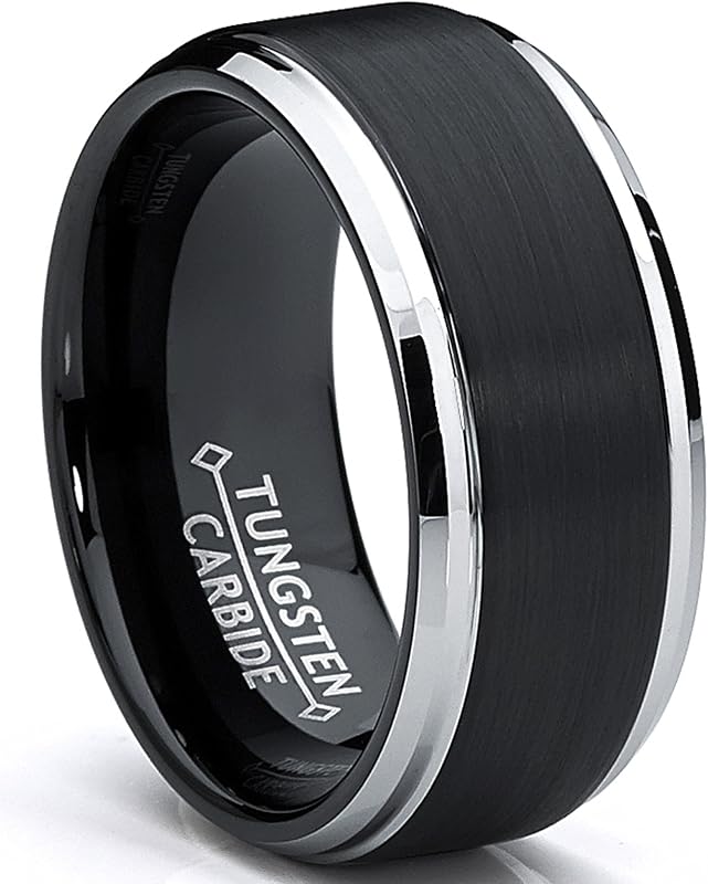 Anillo de boda cepillado para hombre de carburo de tungsteno en dos tonos, color negro, 9 mm, ajuste cómodo, tamaños 8 a 13