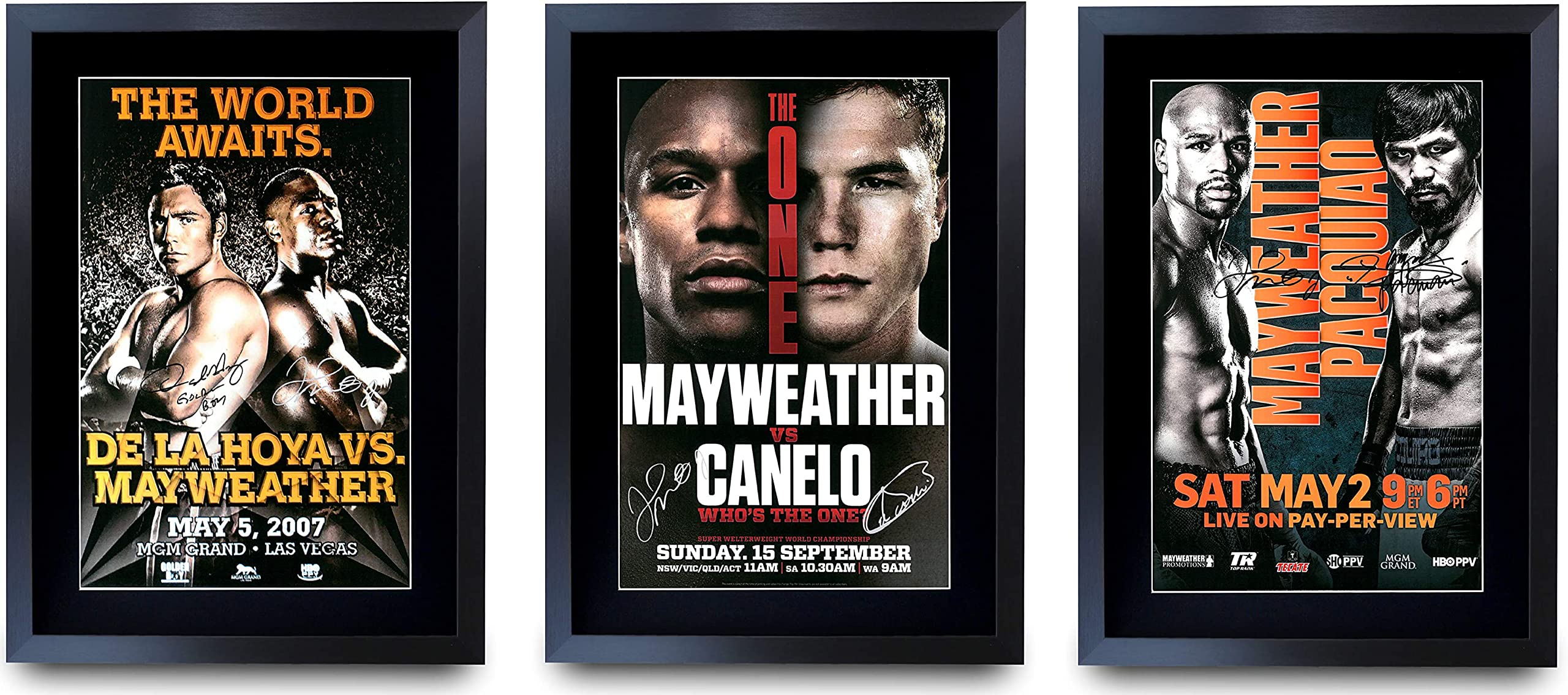 HWC Trading Mayweather Bouts with Manny Pac, Canelo & De La Hoya Gifts Printed Signed Autograph Picture for Boxing Memorabilia Fans - A3 Framed