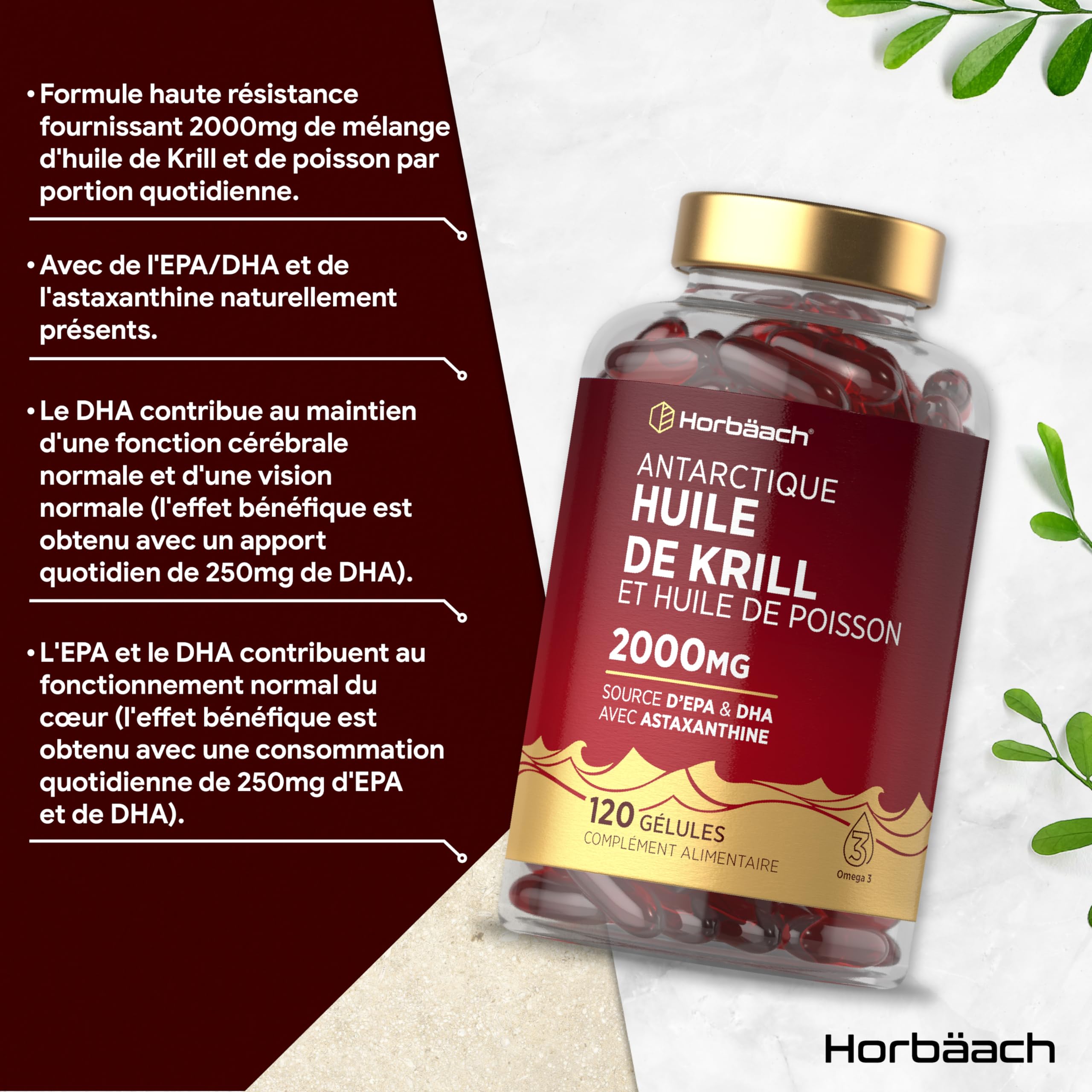 Huile de Krill 2000mg avec Astaxanthine et Phospholipides | 120 Gélules | Acides Gras Oméga 3 avec EPA et DHA | Complément Alimentaire Huile de Poisson | Antarctic Krill Oil Supplement | Horbaach