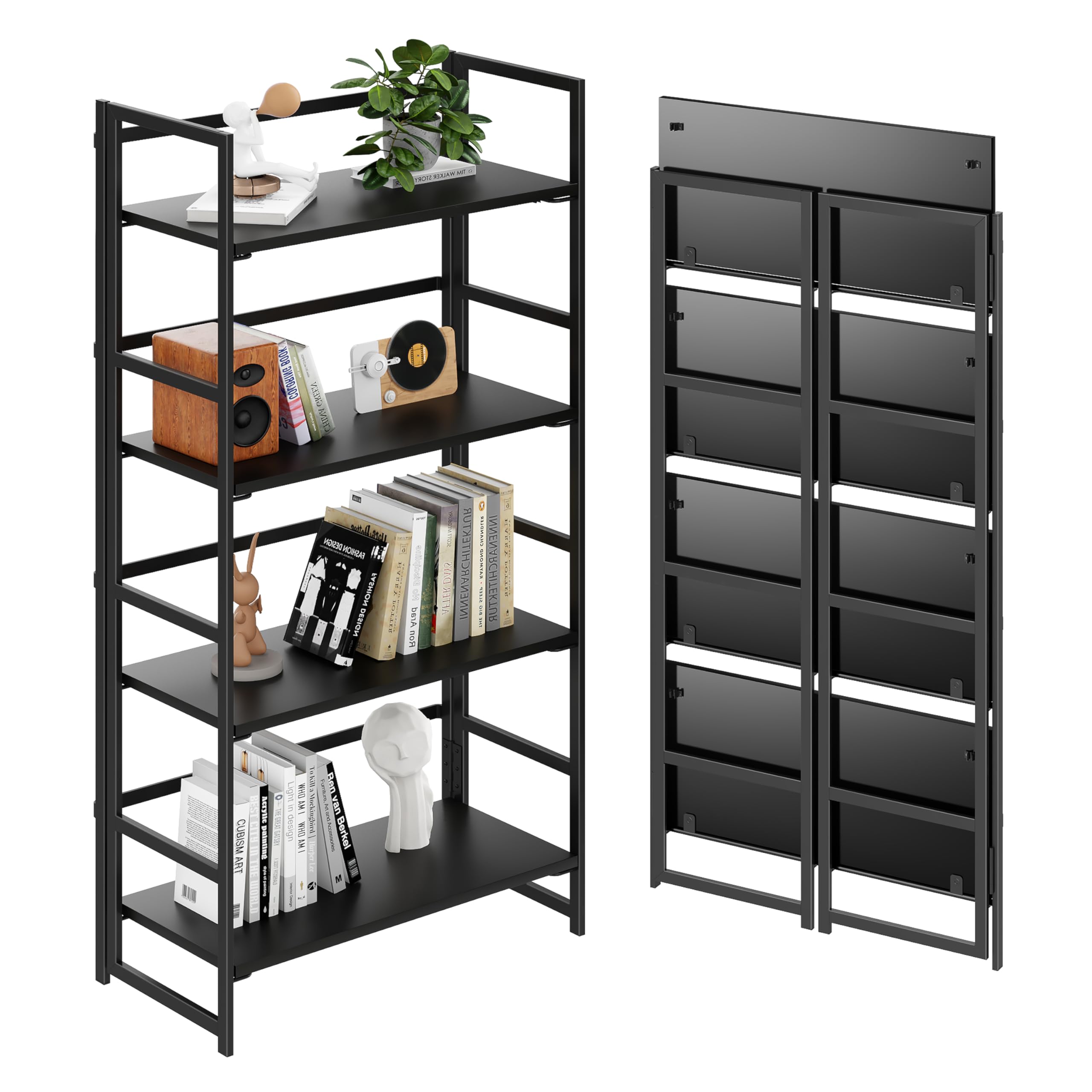 BHG Vintage Multifunctional Folding Bookshelf, No-Assembly Plant Stand Storage Rack Shelves for Home Office (All Black, 4-Tier)