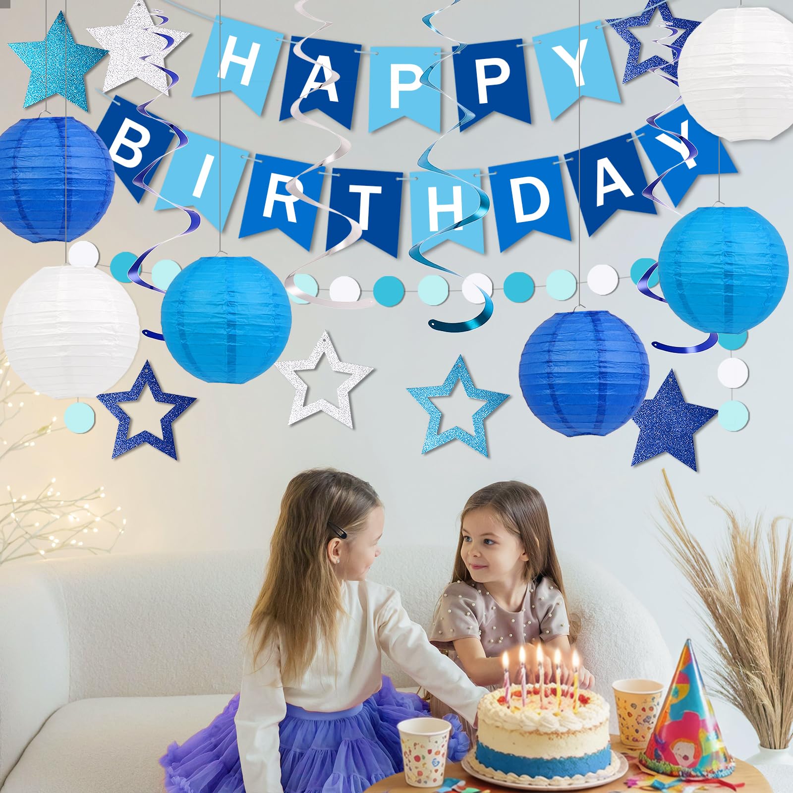 Decorazioni di buon compleanno, set di decorazioni per feste di compleanno blu con striscione di buon compleanno, lanterne di carta, decorazioni da appendere a spirale a stella e ghirlanda a pois