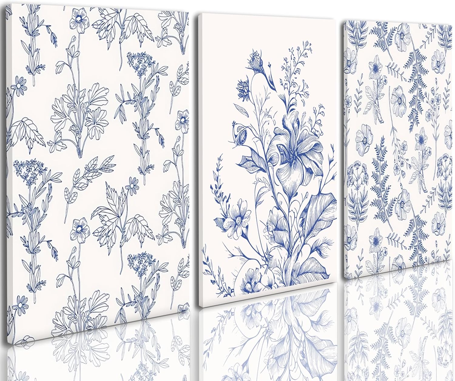 Blue Flowers Wall Art Set of 3, Chinoiserie Floral Canvas Wall Decor, Botanical Wall Art, Blue-Purple Wildflower Pattern Prints, Blue and White Plant Painting for Bathroom Bedroom 16x24 in Framed 16x24Inch Canvas Blue