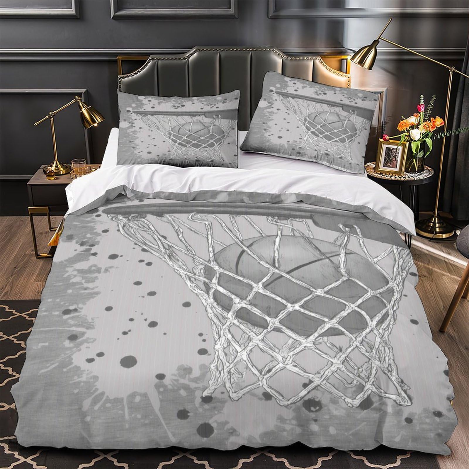 Housse de couette basketball 220x240 cm avec 2 taies d'oreiller imprimé 3D pour lit King size