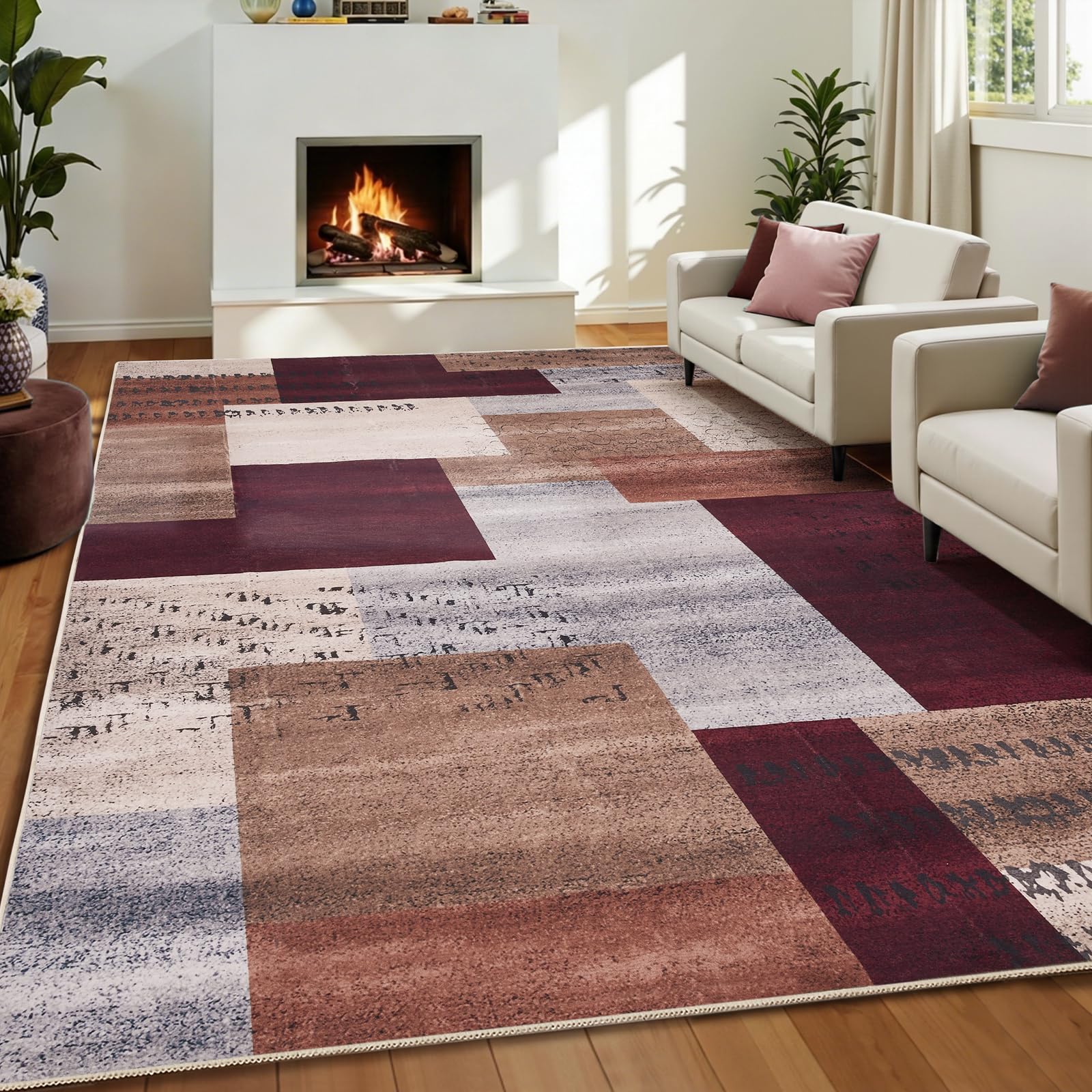 Puremy Tappeto moderno, lavabile, a pelo basso, antiscivolo, motivo geometrico, a quadri, per camera da letto, sala da pranzo, ufficio e cameretta dei bambini, 160 x 220 cm, mattone rosso e multi