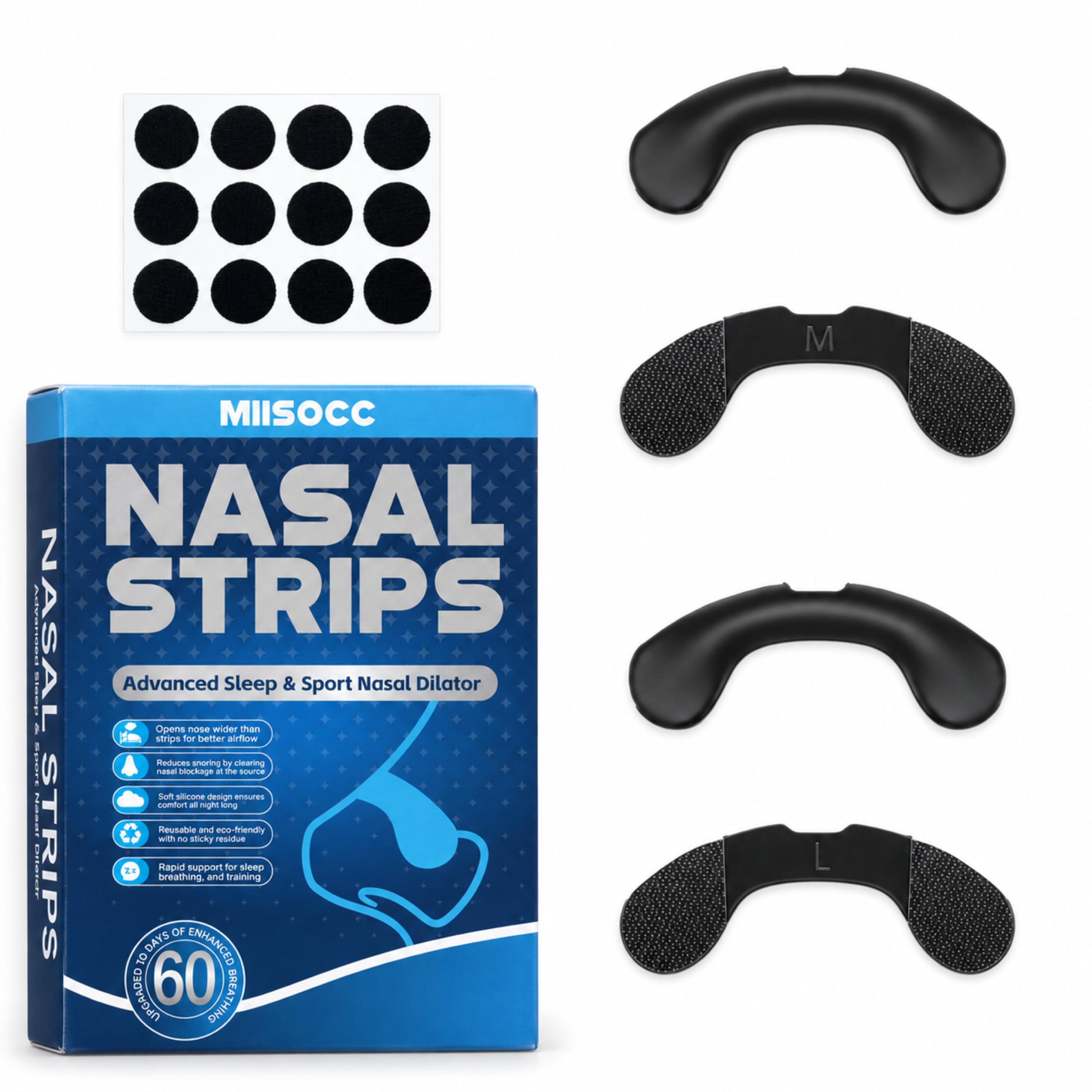 Reusable Nasal Strips for Breathing and Snoring, 4 Bands (2 M + 2 L) and 120 Adhesive Tabs, 60 Uses