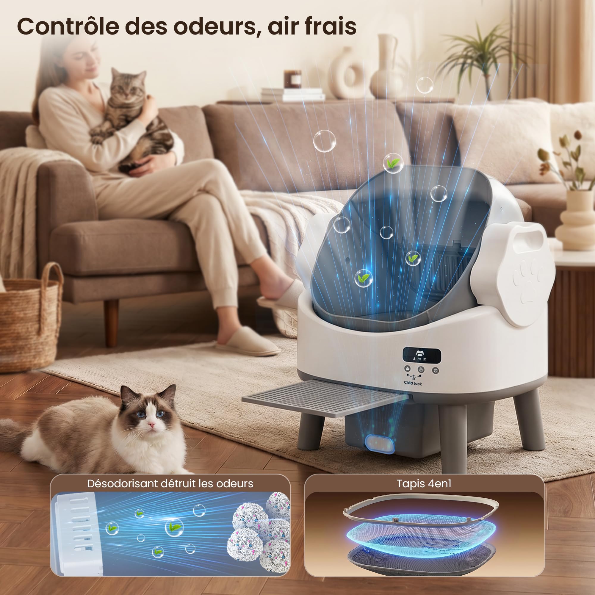 JUMMICO Litière Auto-nettoyante Grande capacité, litière électrique Automatique avec capteurs de sécurité quadruples, Utilisation Facile & contrôle des odeurs, pour Grands Chats jusqu'à 10 kg