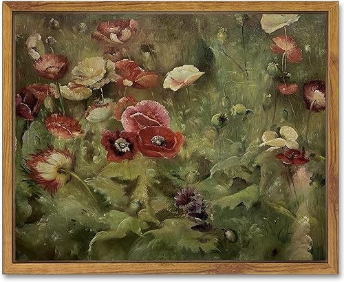 SHENIFY Lienzo enmarcado de paisaje vintage, arte para pared, diseño de amapolas y flores, impresiones de pared clásicas, decoración moderna para