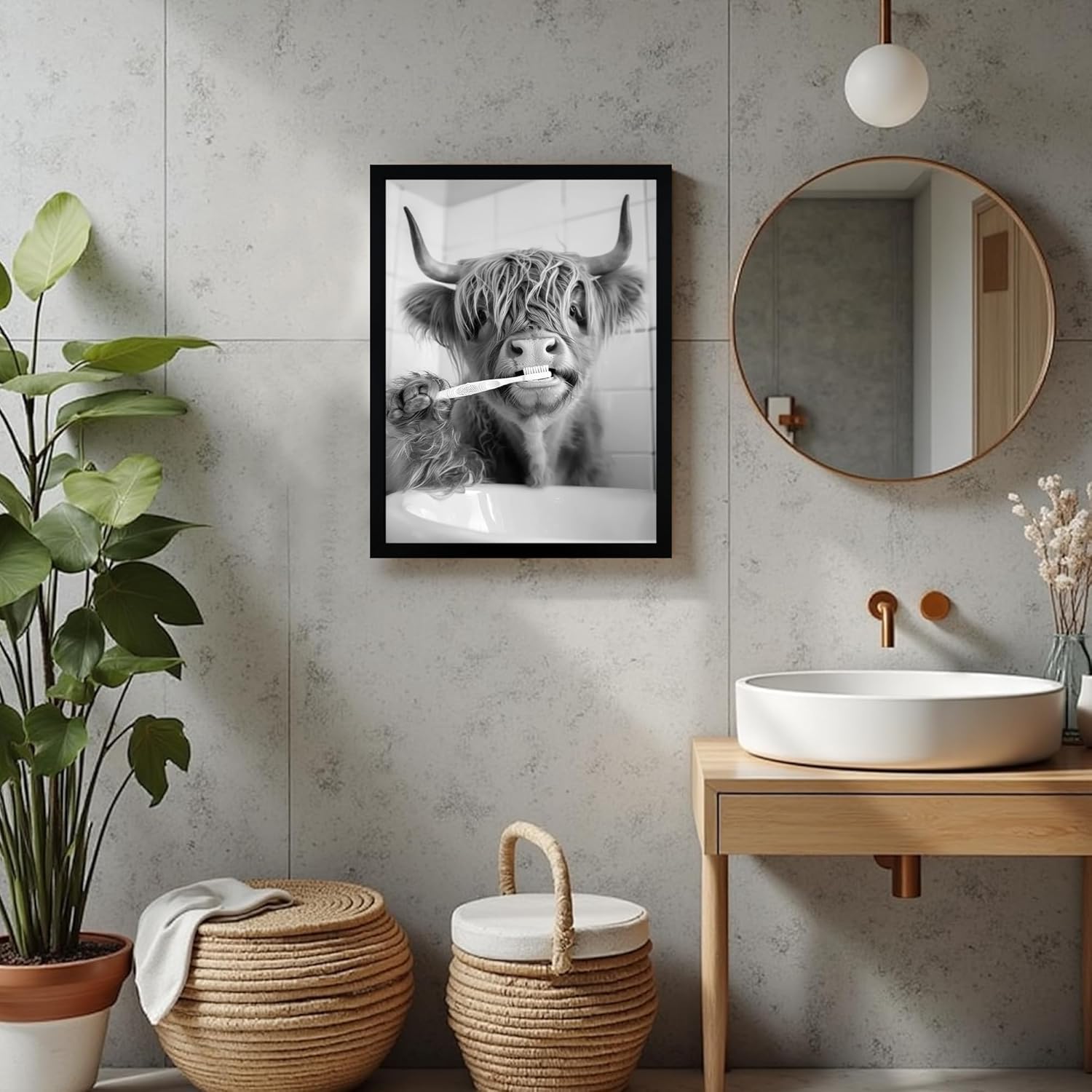 FYLDPSB Highland Cow Framed Canvas Wall Art Funny Animals Bathroom Wall Decor Highland Cow Brushing Teeth Painting Pictures Black and White Animal Print Posters, home decor for Bathroom, 12"W * 16"H