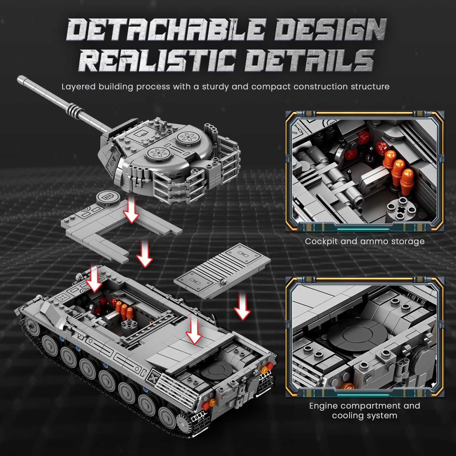 Reobrix Leopard 1 zestaw do budowania czołgów dla dorosłych, licencjonowany model wojskowy 1:26, 1273 szt. wojskowych klocków czołgów z obrotową wieżą, prezent dla dorosłych, chłopców w wieku od 14