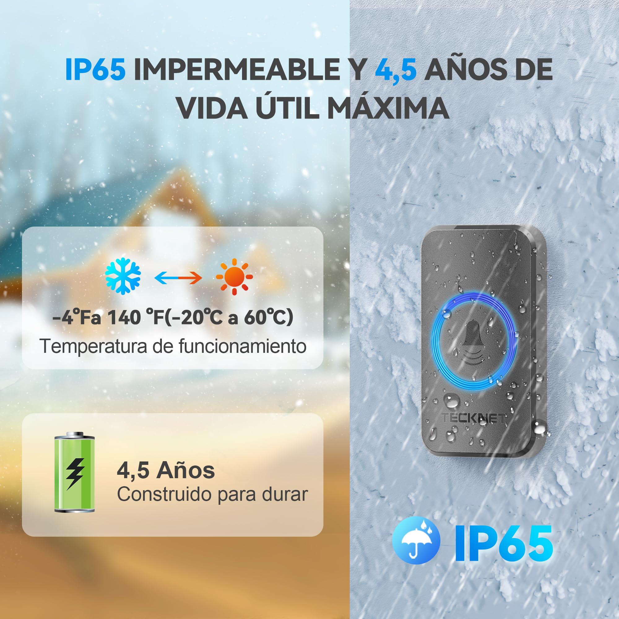 TECKNET Imbre Inalámbrico, 500m Alcance IP65 Impermeable,Timbre Inalámbrico Exterior Impermeable 60 Melodías Ajustables, 5 Niveles de Volumen (0-110dB),Adecuado para Hogar, Hotel, Emergencia, etc