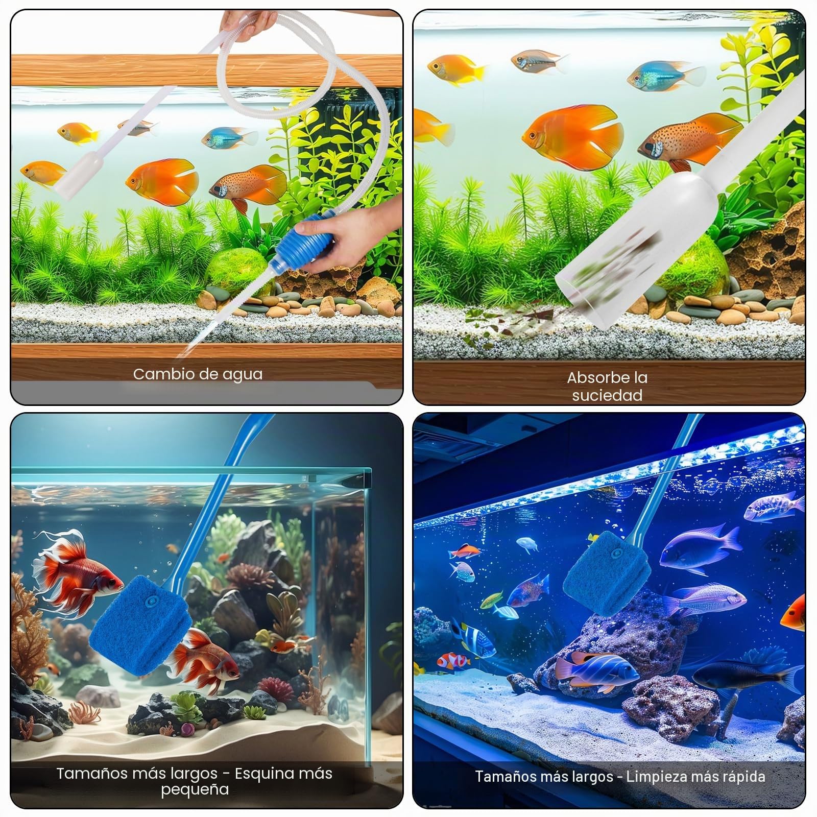 Sifonador Acuario Manual, Sifon Acuario con Cepillo de Limpieza Azul, Limpiafondos Acuario Sifón Limpieza Pecera Tubo, Sifón Cambiador de Agua, Cepillo Esponja Limpieza acuarios Azul 40cm