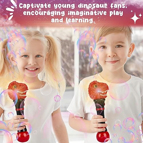 Miniatura 5 de T-Rex - Pistola de burbujas de dinosaurio con luces LED deslumbrantes, varitas de burbujas Forest & Twelfth de 11.5 pulgadas para niños, lanzador de