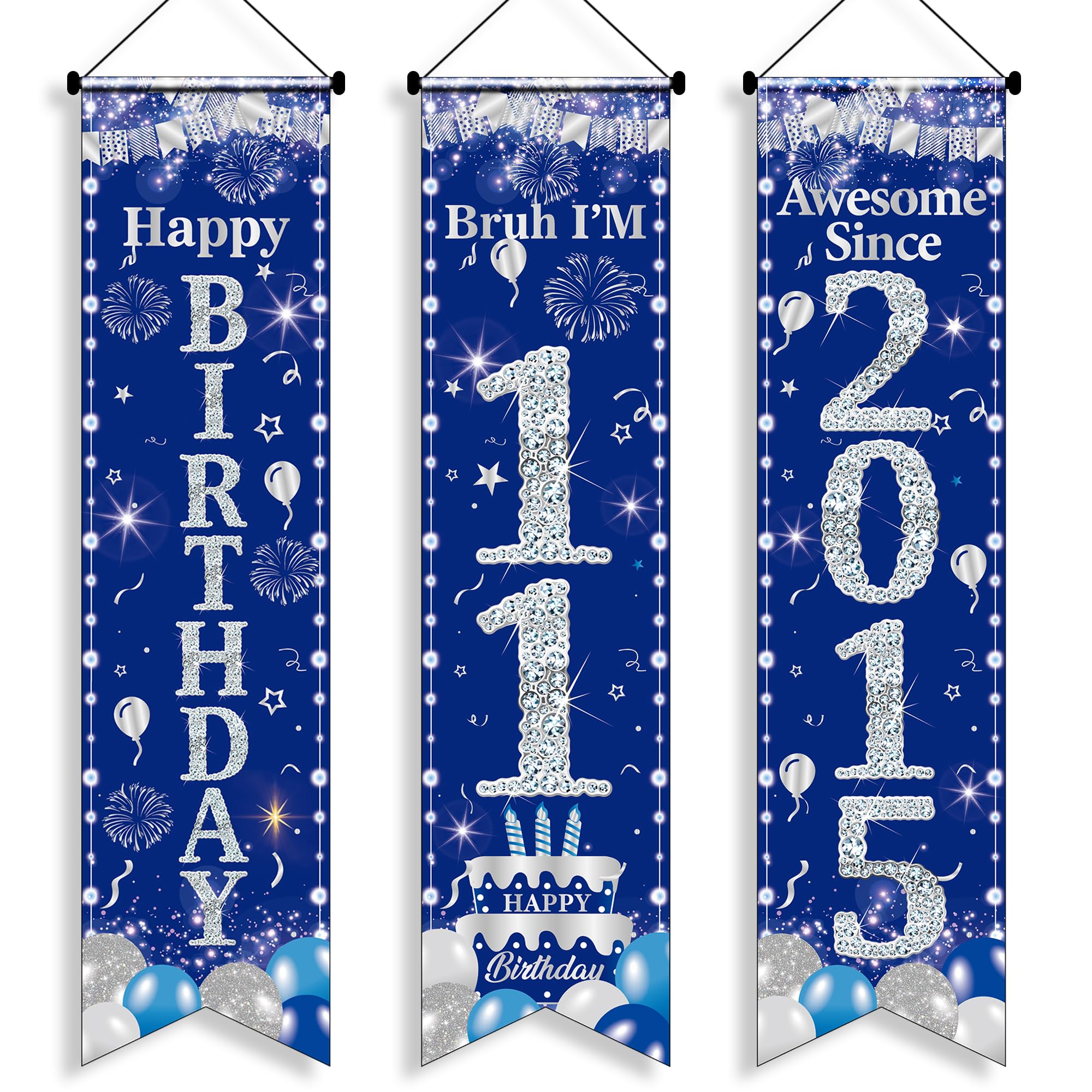 11th Birthday Decorations Door Banners - 3 Pcs Blue and Silver Boy Awesome Since 2015 Happy Birthday Bruh I'M 11 3.9x0.9ft Door Porch Sign for 11 Years Old Boys Party Backdrop Decor Supplies